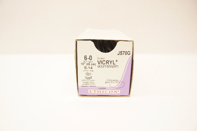 Ethicon J570G 6-0 Coated VICRYL, S-14, 8.0mm 1/4c Spatula, 18inch (x) -Box of 12