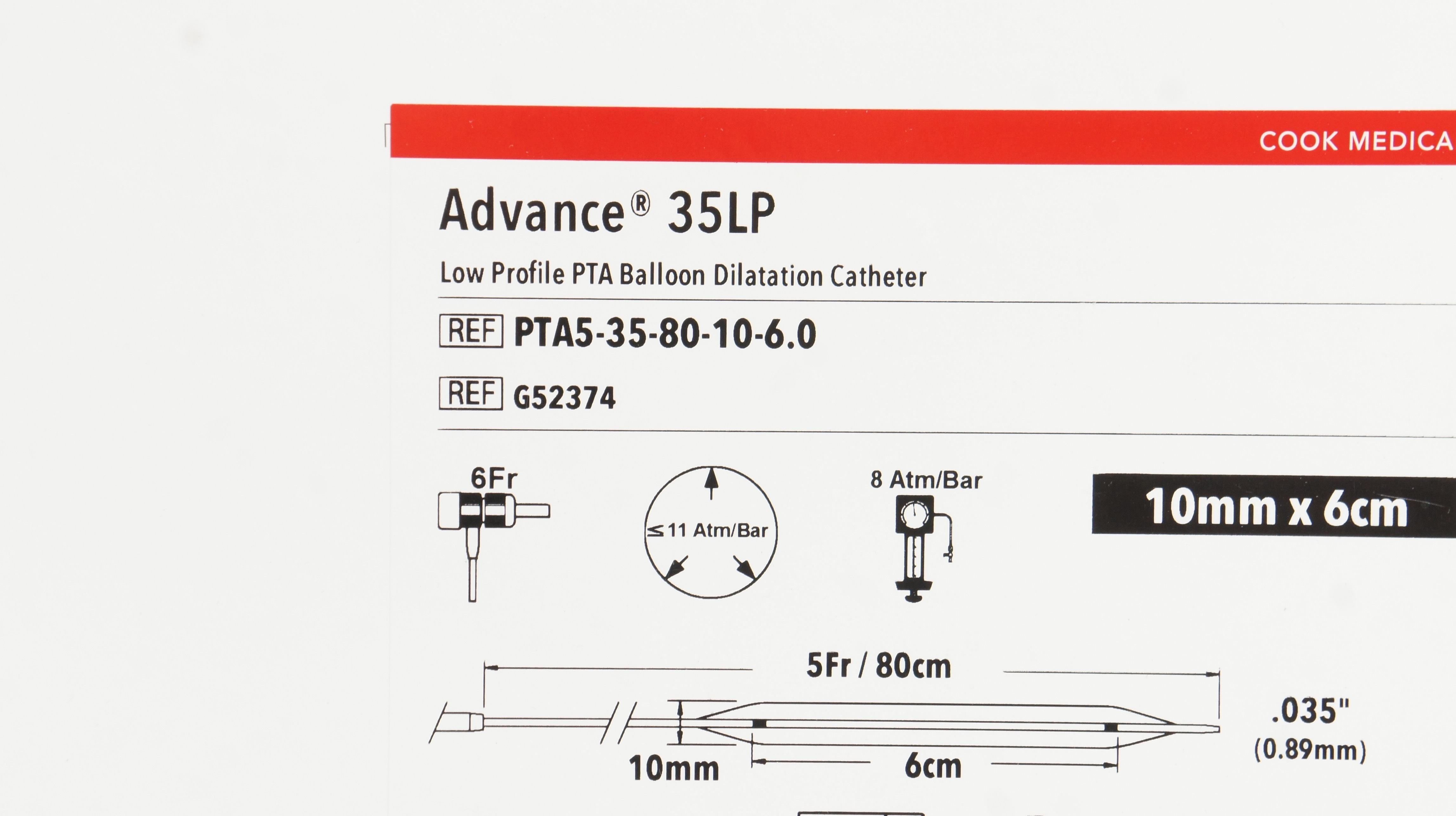 Cook Medical G52374 Advance 35LP PTA Balloon Dilatation Cath. 10mm x 6cm (x)