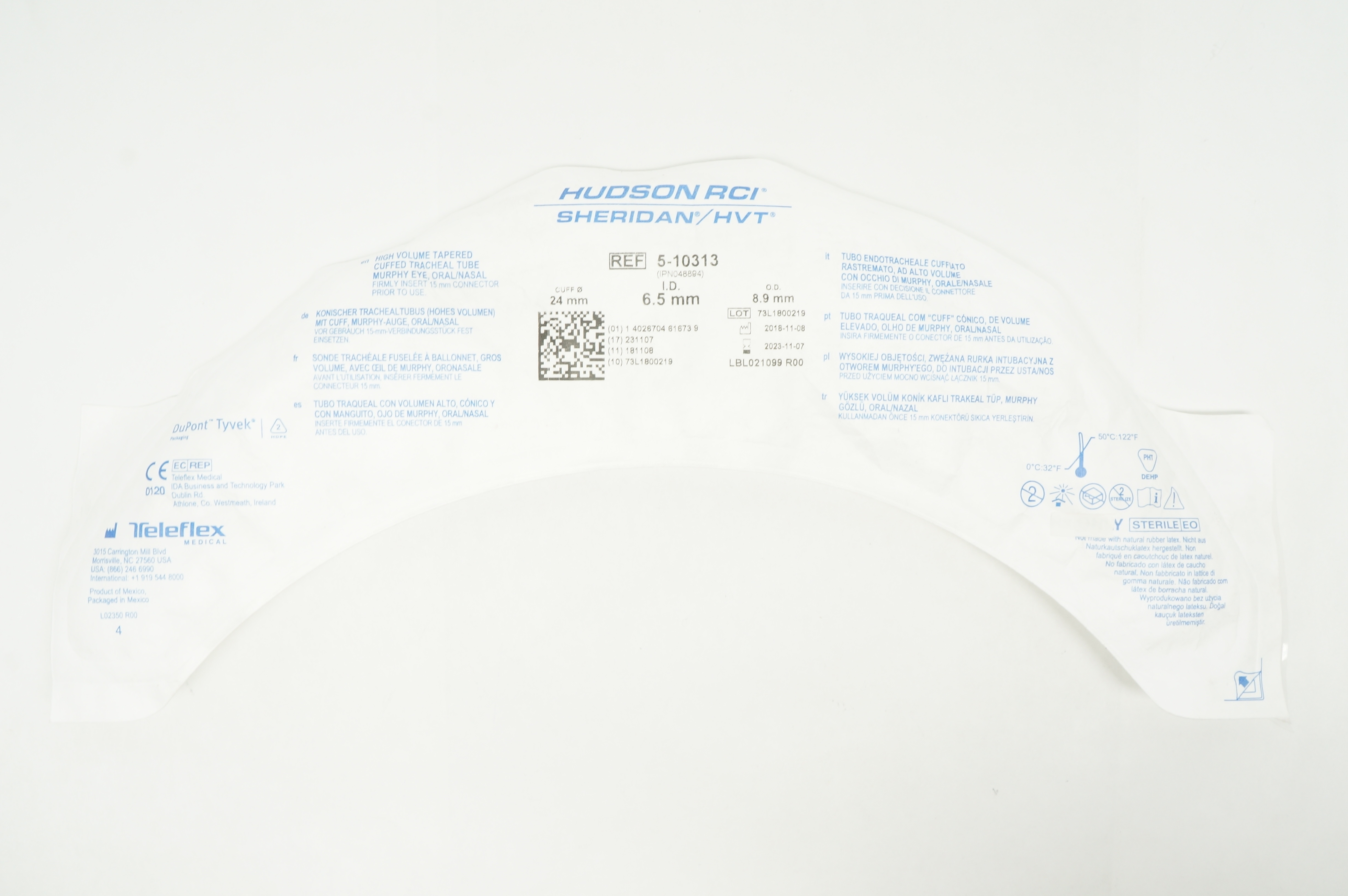 Teleflex 5-10313 Hudson RCI Sheridan HVT Cuffed Tracheal Tube 6.5 x 8.9 x 24mm