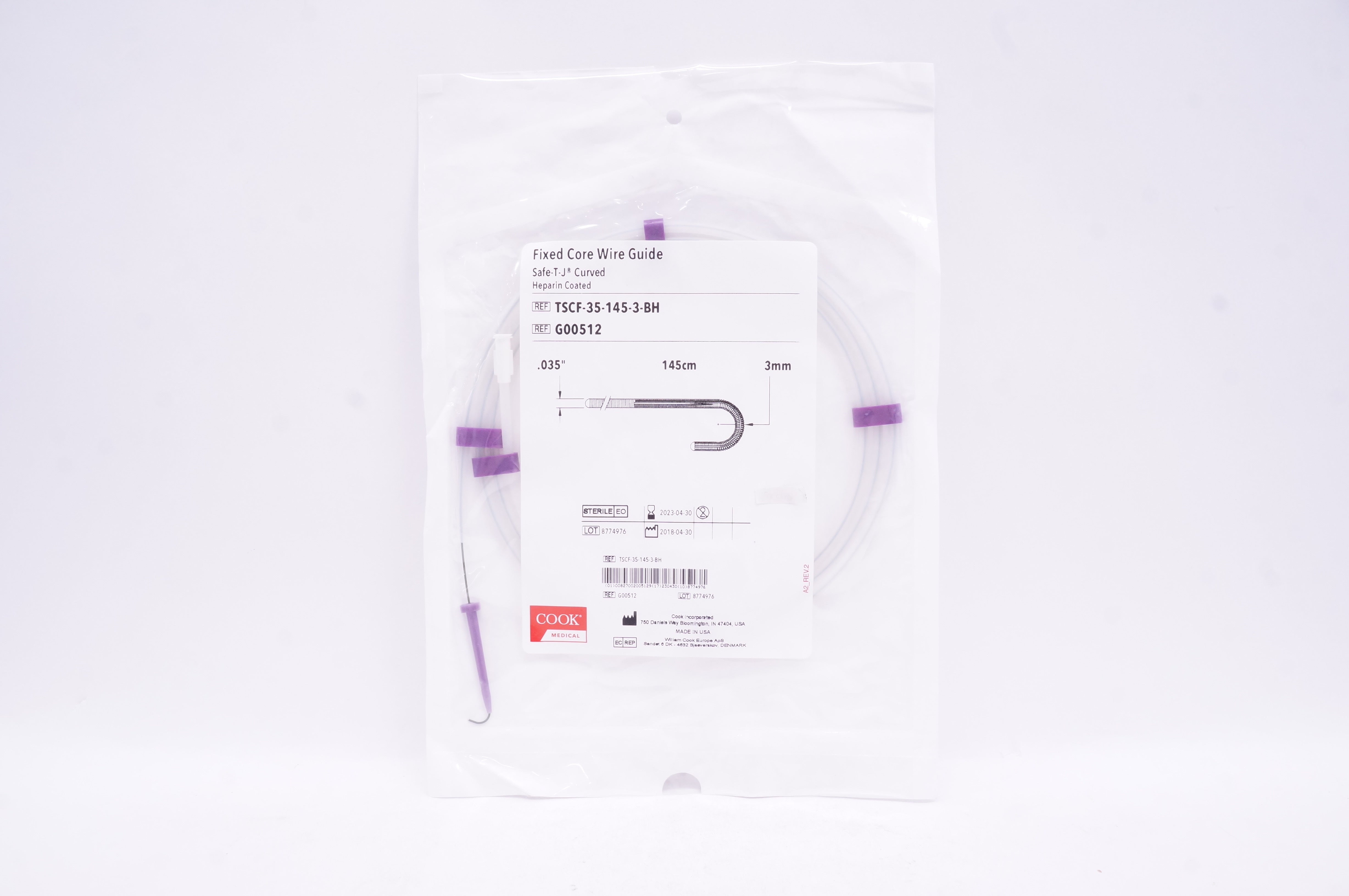 Cook Medical G00512 Fixed Core Wire Guide Curved .035inch x 3mm x 145cm