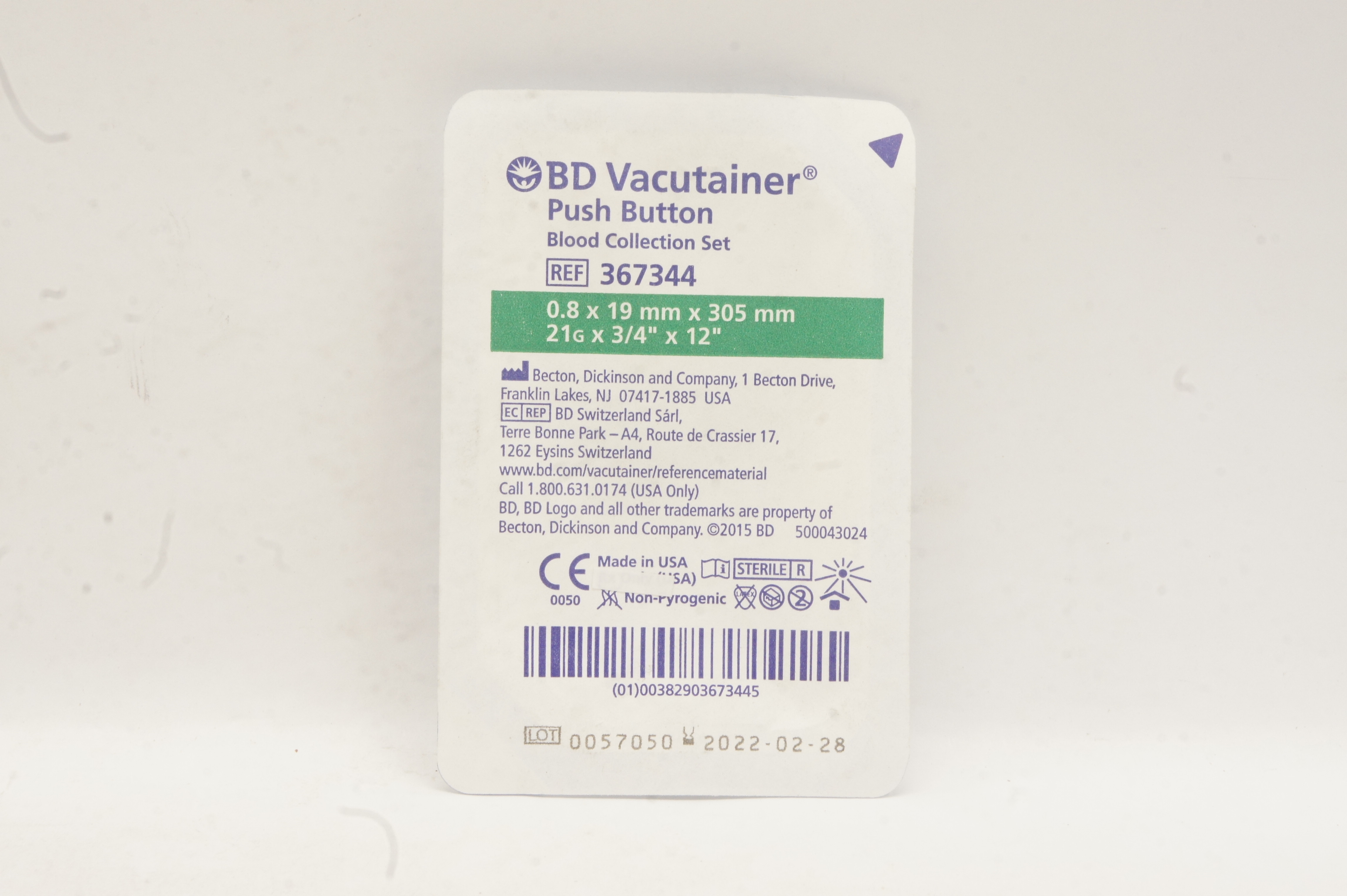 BD 367344 Vacutainer Push Button Blood Collection Set 21G x 3/4inch x 12inch (x)