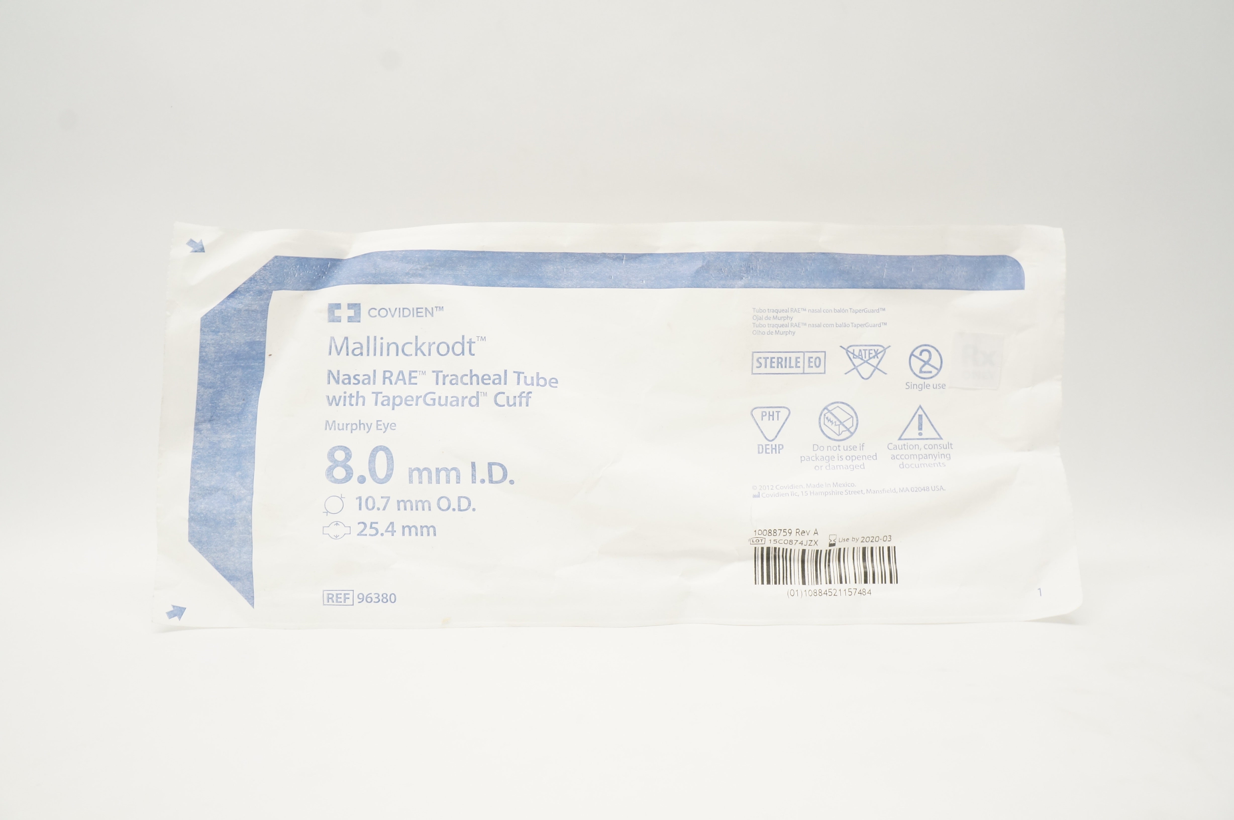 Covidien 96380 Shiley Nasal RAE Tracheal Tube 8.0  x 10.7 x 25.4mm (x)