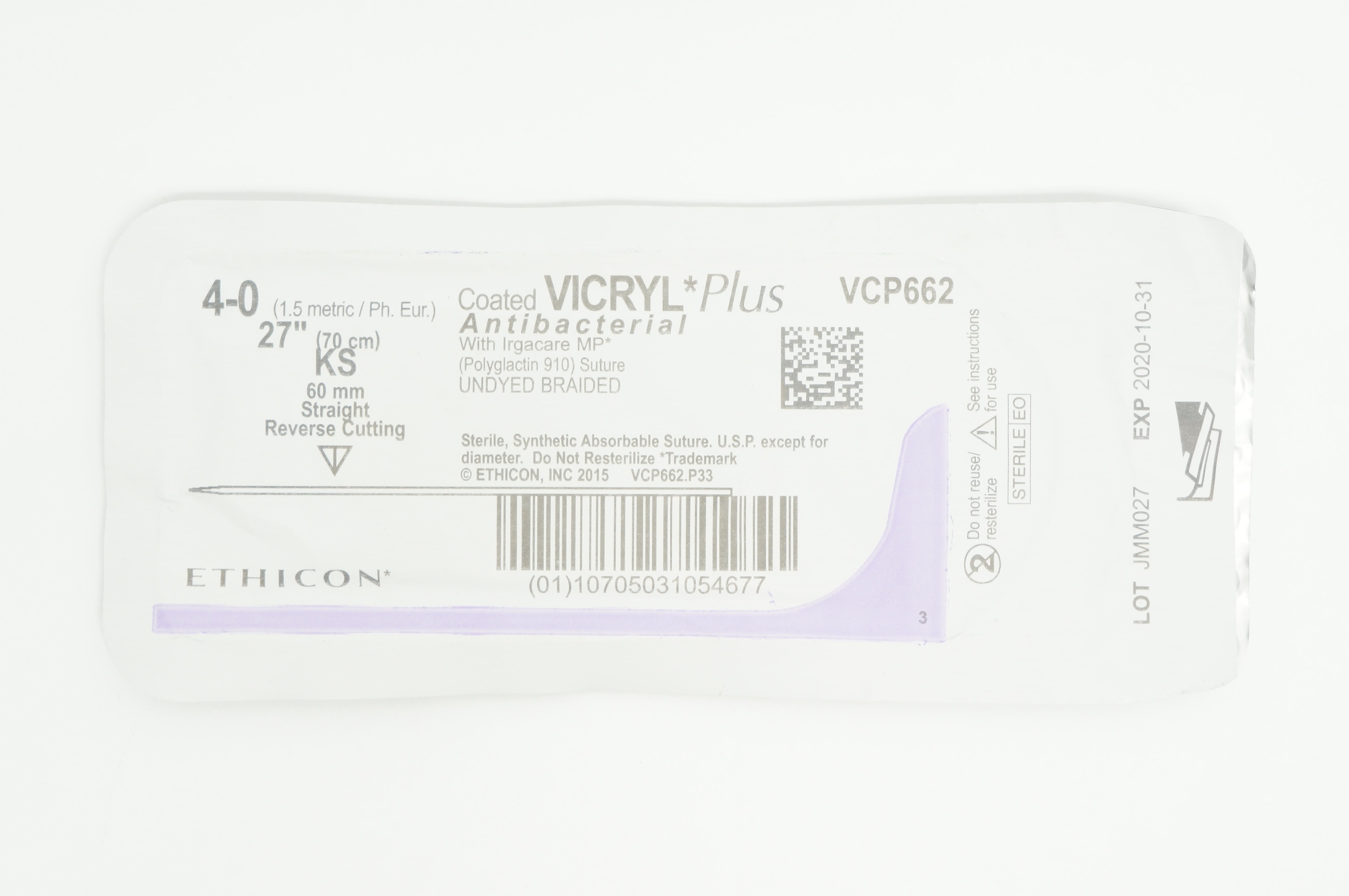 Ethicon VCP662 4-0 VICRYL Plus KS, 60mm Straight Reverse Cutting, 27inch (x)