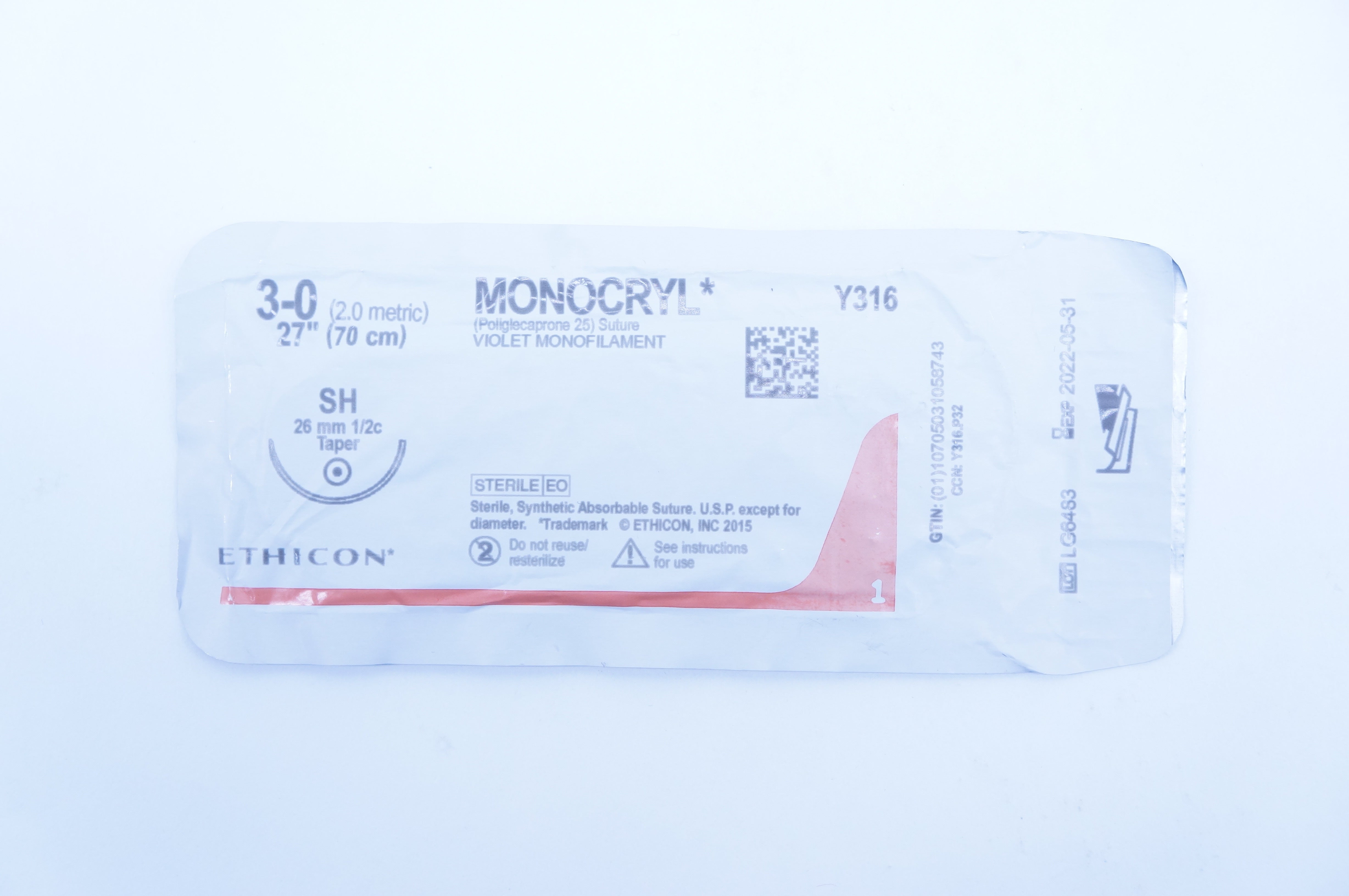 Ethicon Y316 3-0 MONOCRYL, SH, 26mm 1/2c Taper, 27inch