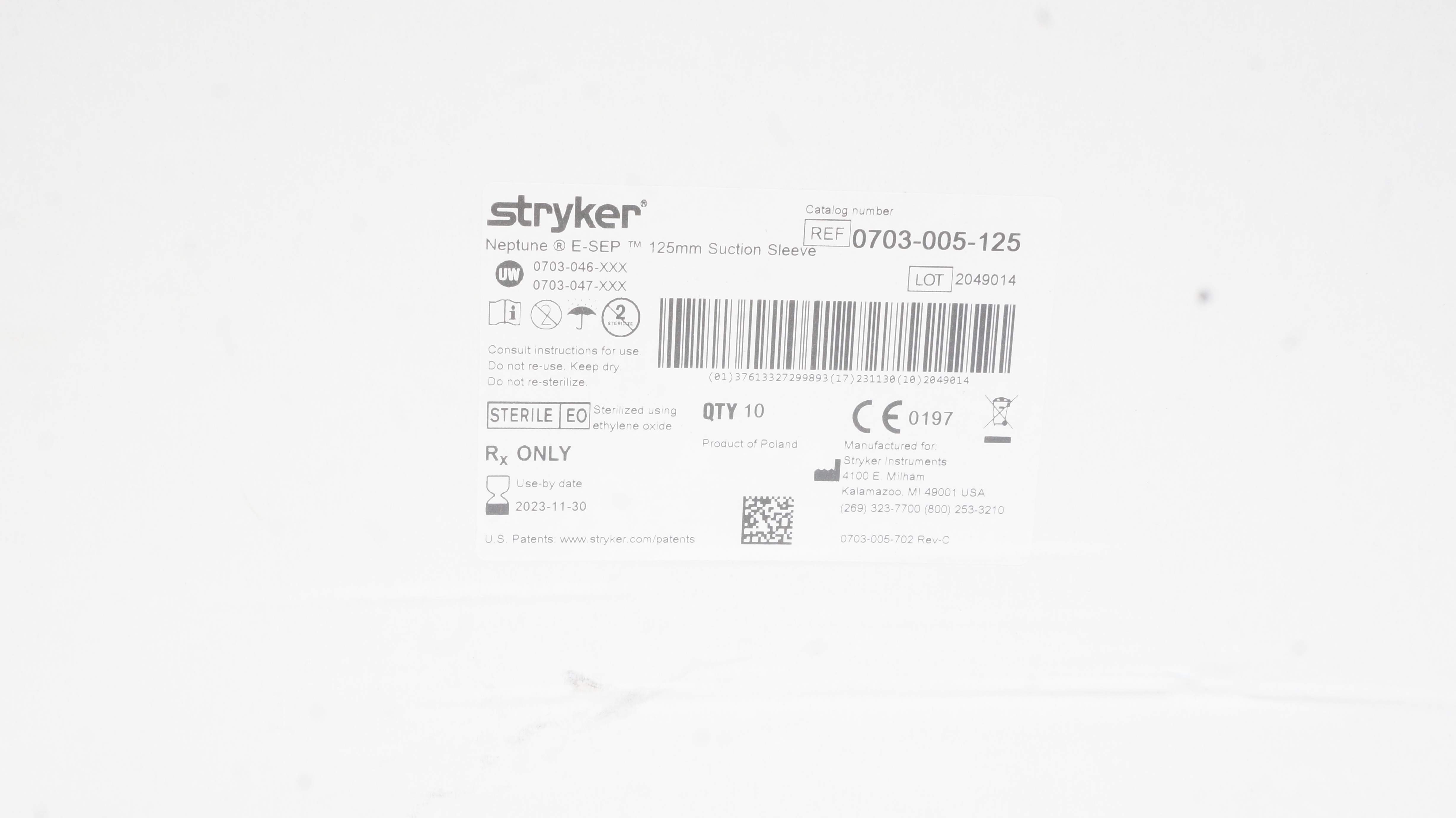 Stryker 0703-005-125 Neptune E-Sep Suction Sleeve 125mm (x) - Box of 9
