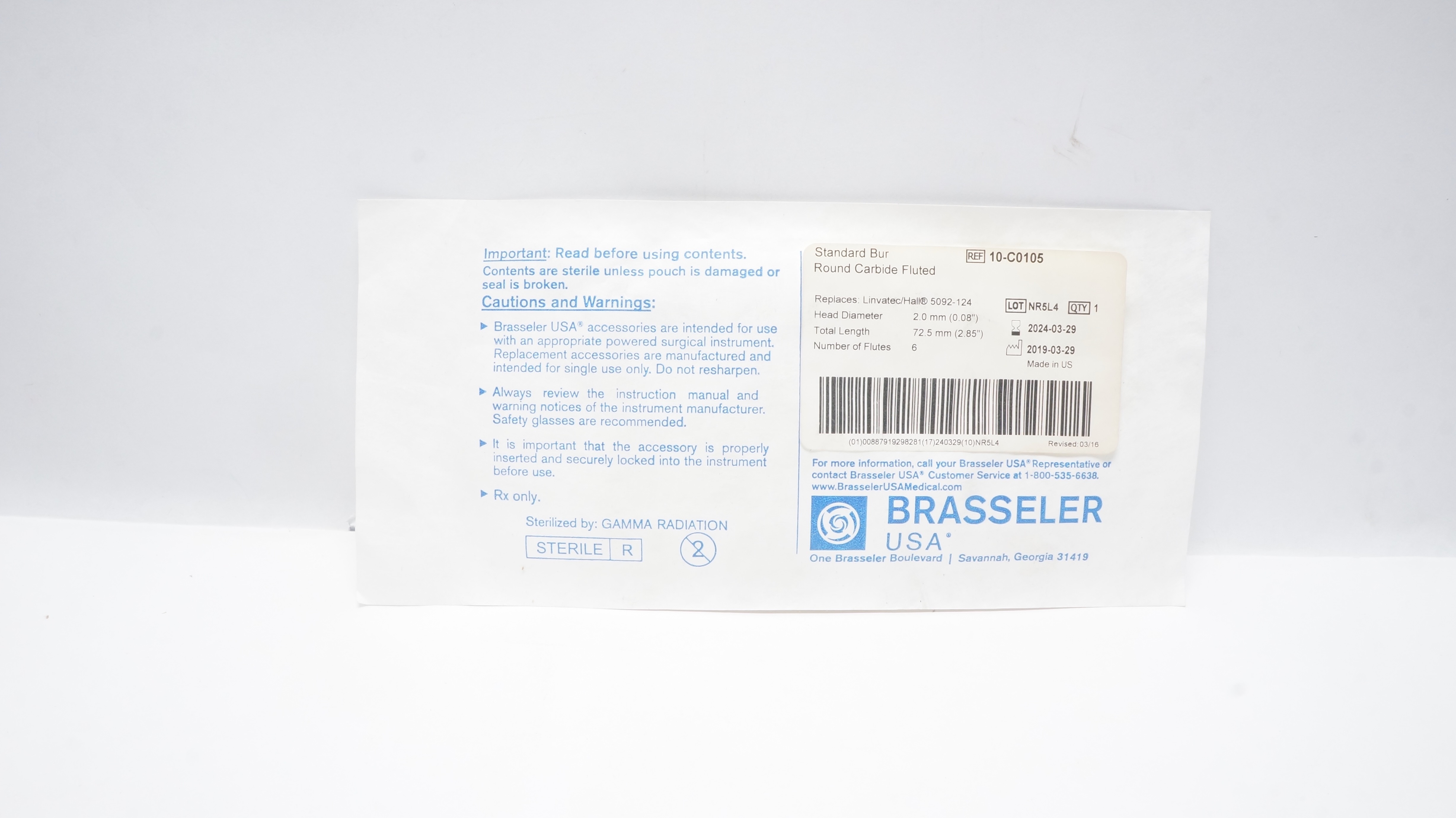 Brasseler 10-C0105 Standard Bur Round Carbide Fluted 0.08in x 2.85in (x)