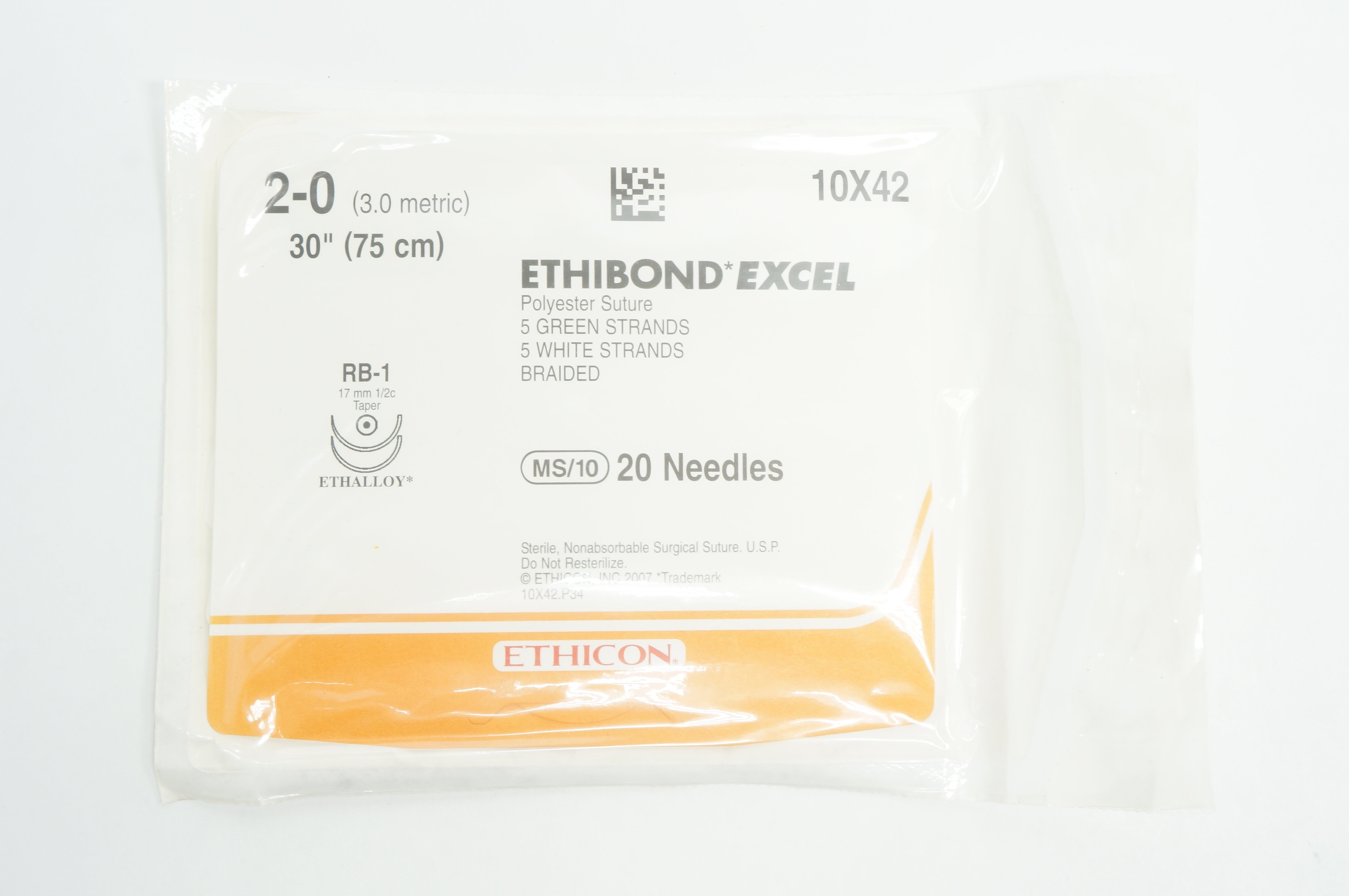 Ethicon 10X42 2-0 ETHIBOND EXCEL RB-1 17mm 1/2c Taper, 30inch (x)