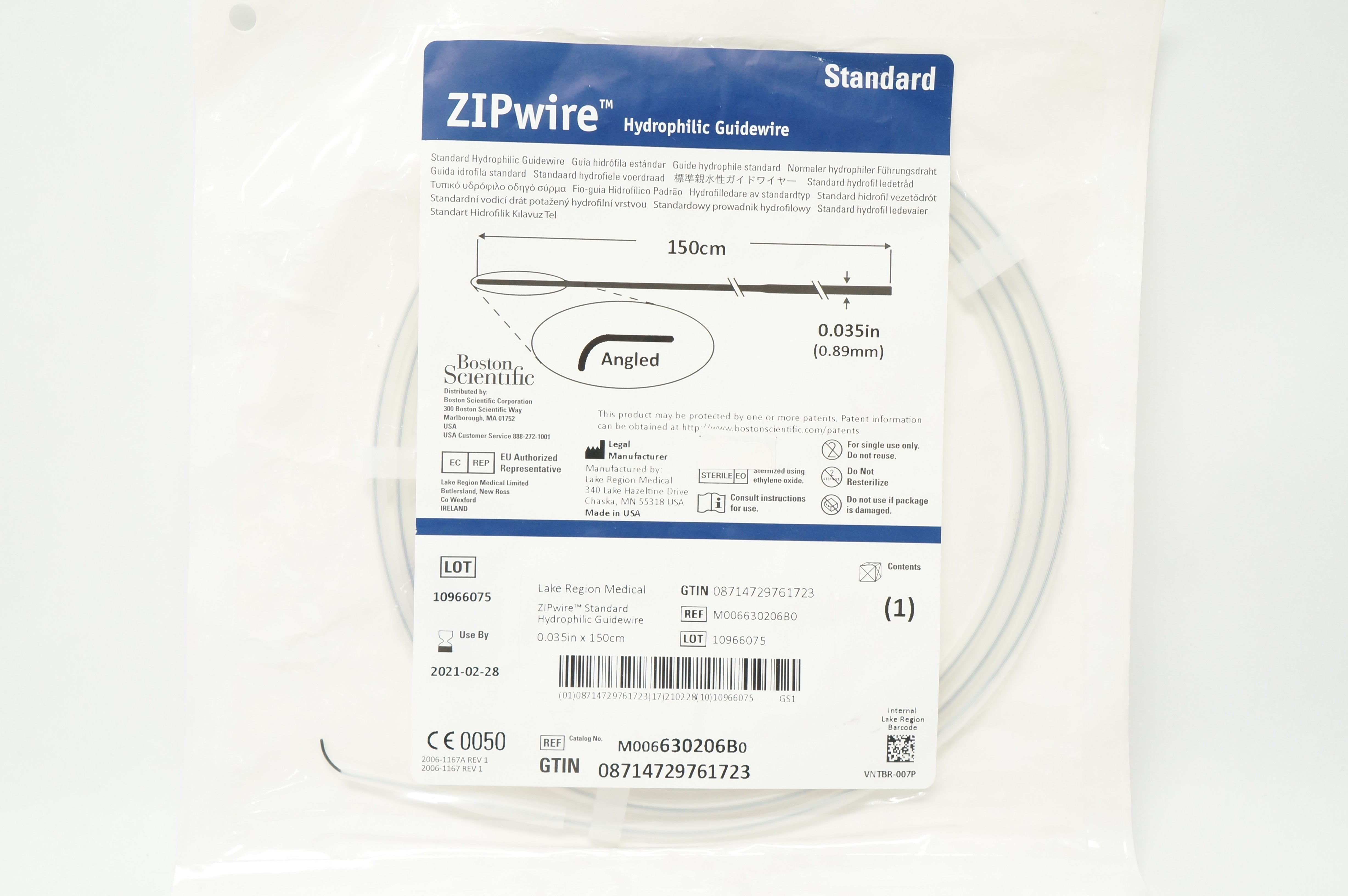 Boston Scientific M006630206B0 ZipWire Hydrophilic Guidewire 0.035inchx150cm (x)