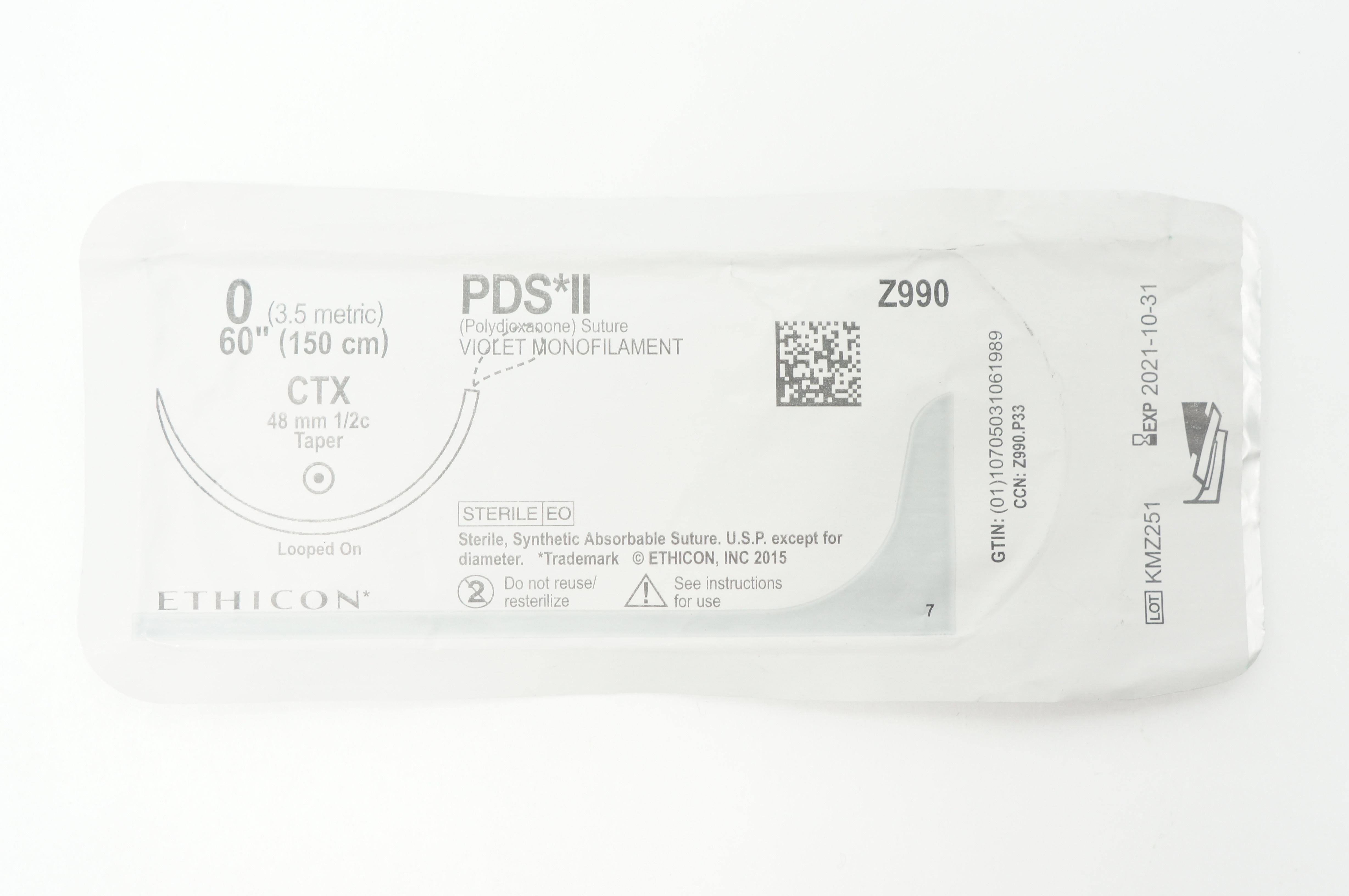 Ethicon Z990 0 PDS II VIOLET MONOFILAMENT CTX 48mm 1/2c Taper, 60inch