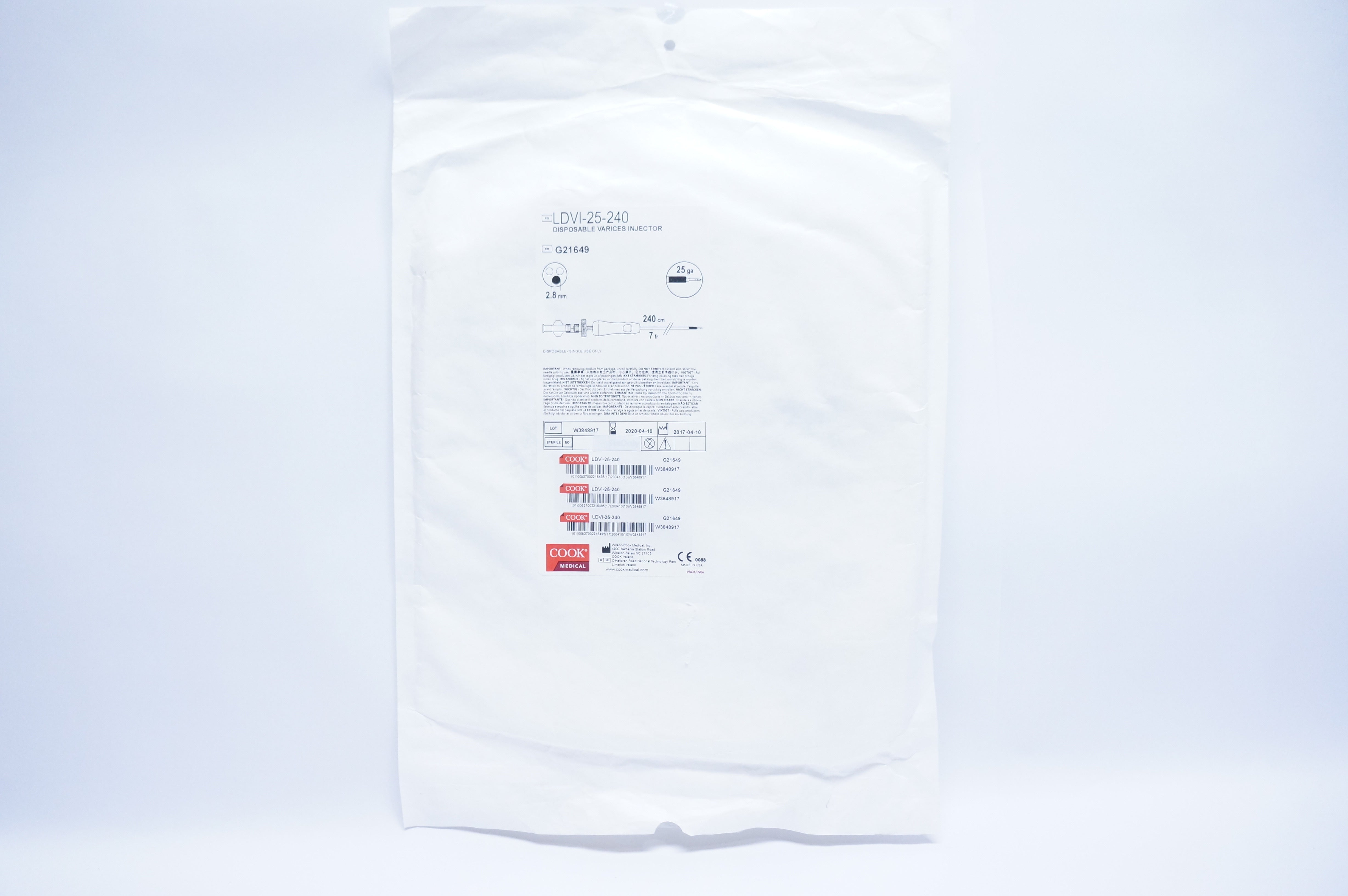 Cook Medical G21649 Disposable Varices Injector 25Ga, 2.8mm, 7Fr. x 240cm (x)