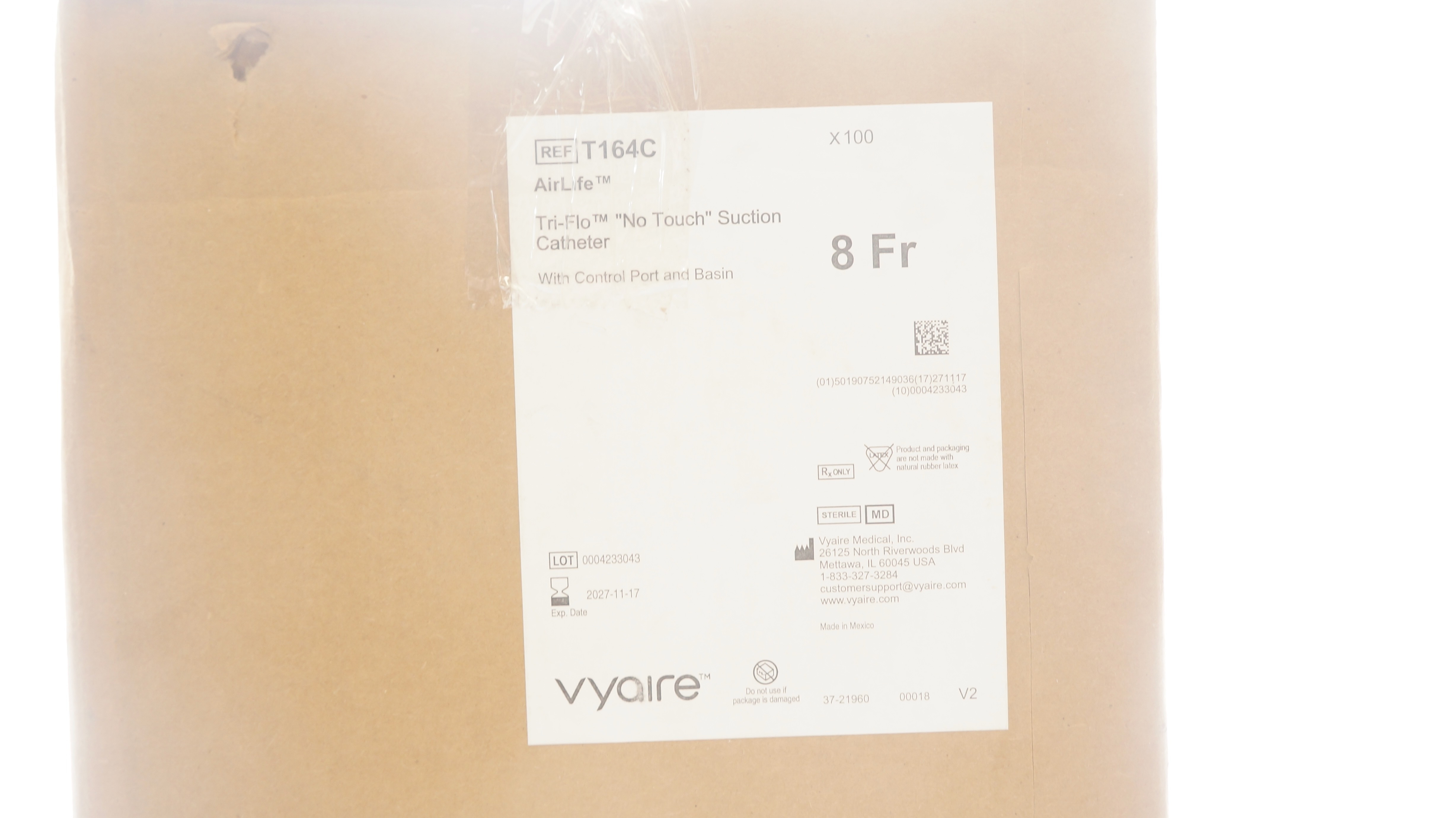 Vyaire T164C AirLife Tri-Flo  "No Touch" Suction Cath. 8Fr - Case of 100