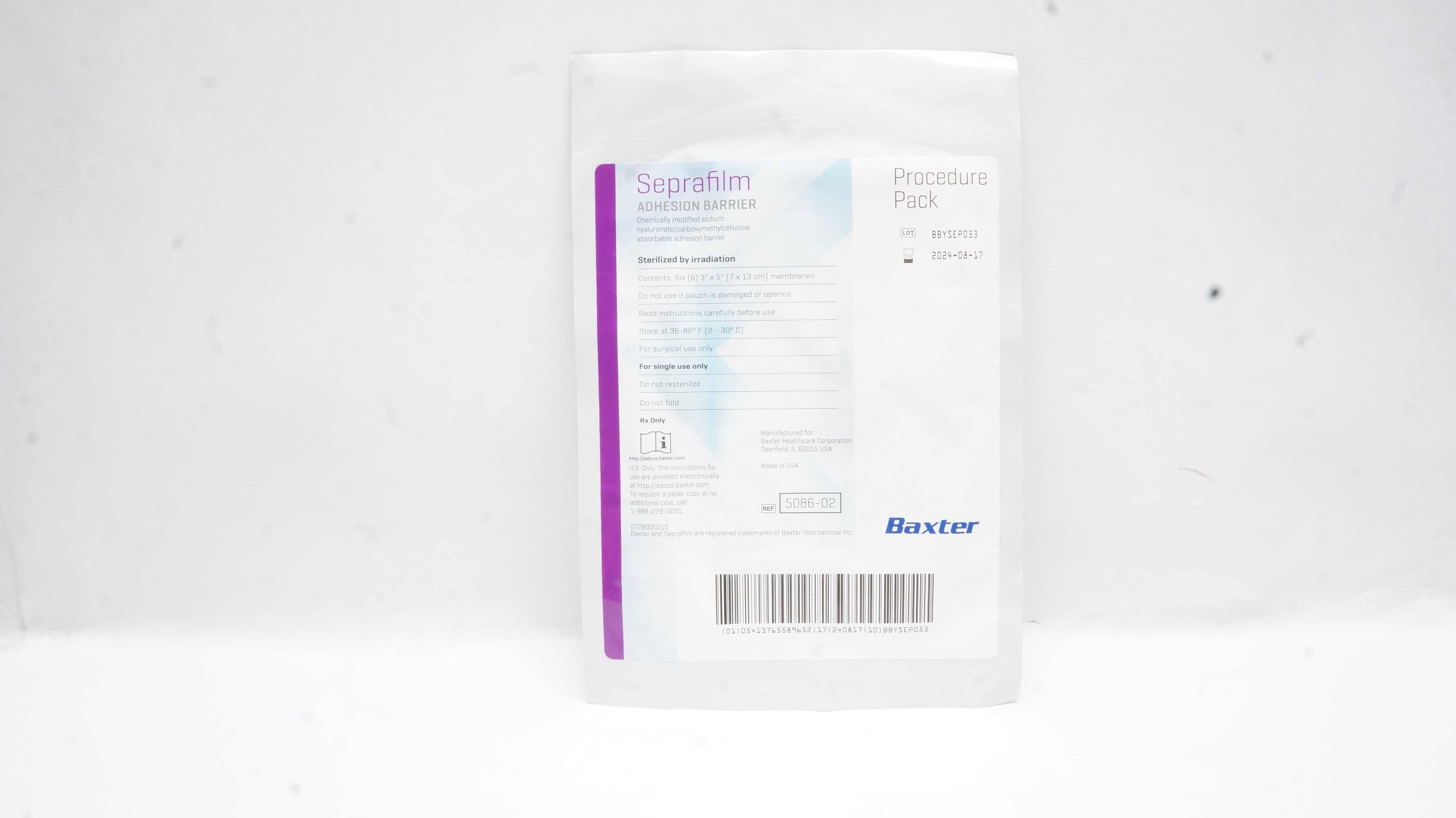 Baxter 5086-02 Seprafilm Adhesion Barrier Procedure Pack 3inch x 5inch Membranes