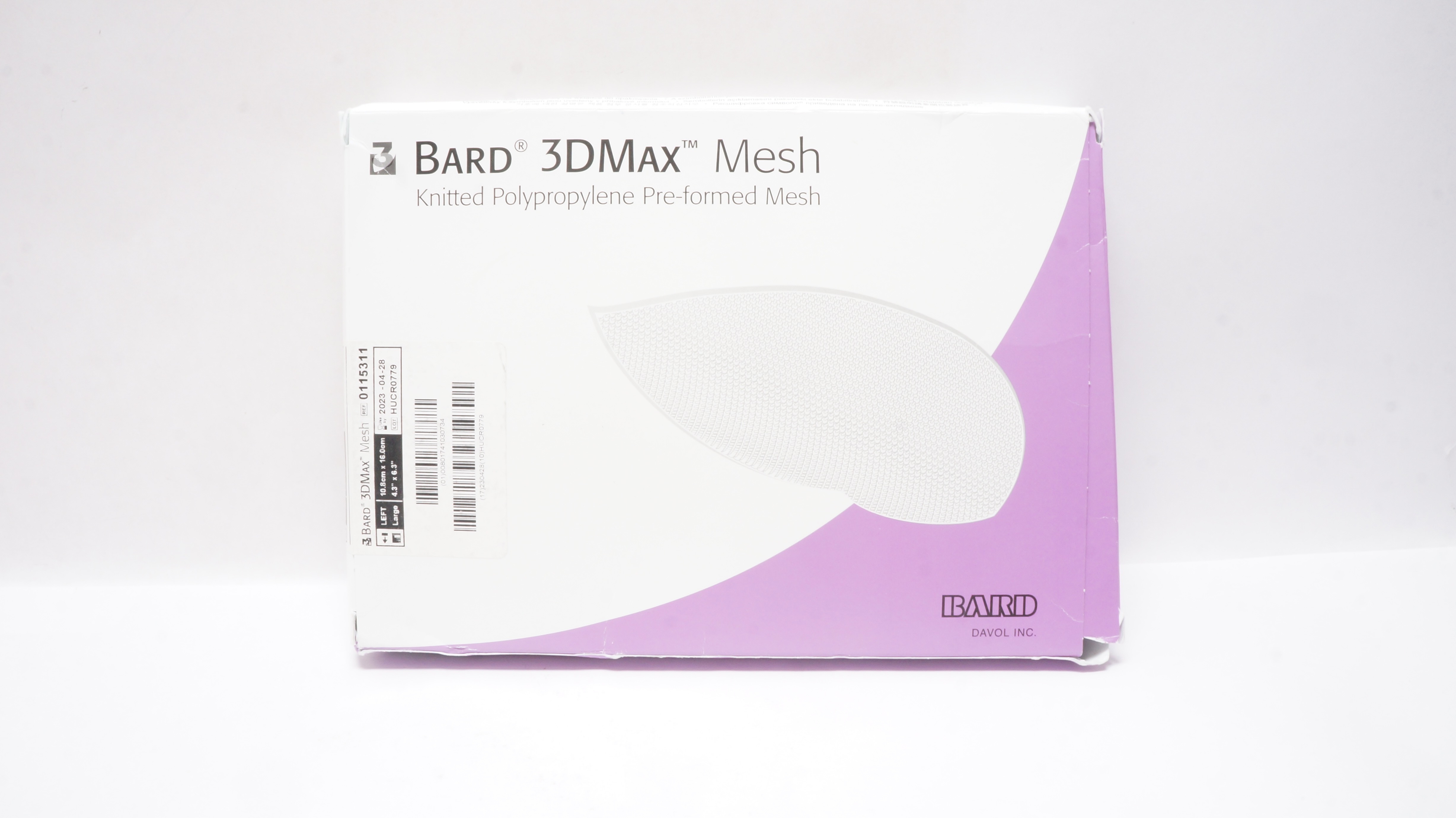 Bard 0115311 3DMax Mesh Pre-formed Knitted Polypropylene Left L 4.3 x 6.3inch(x)