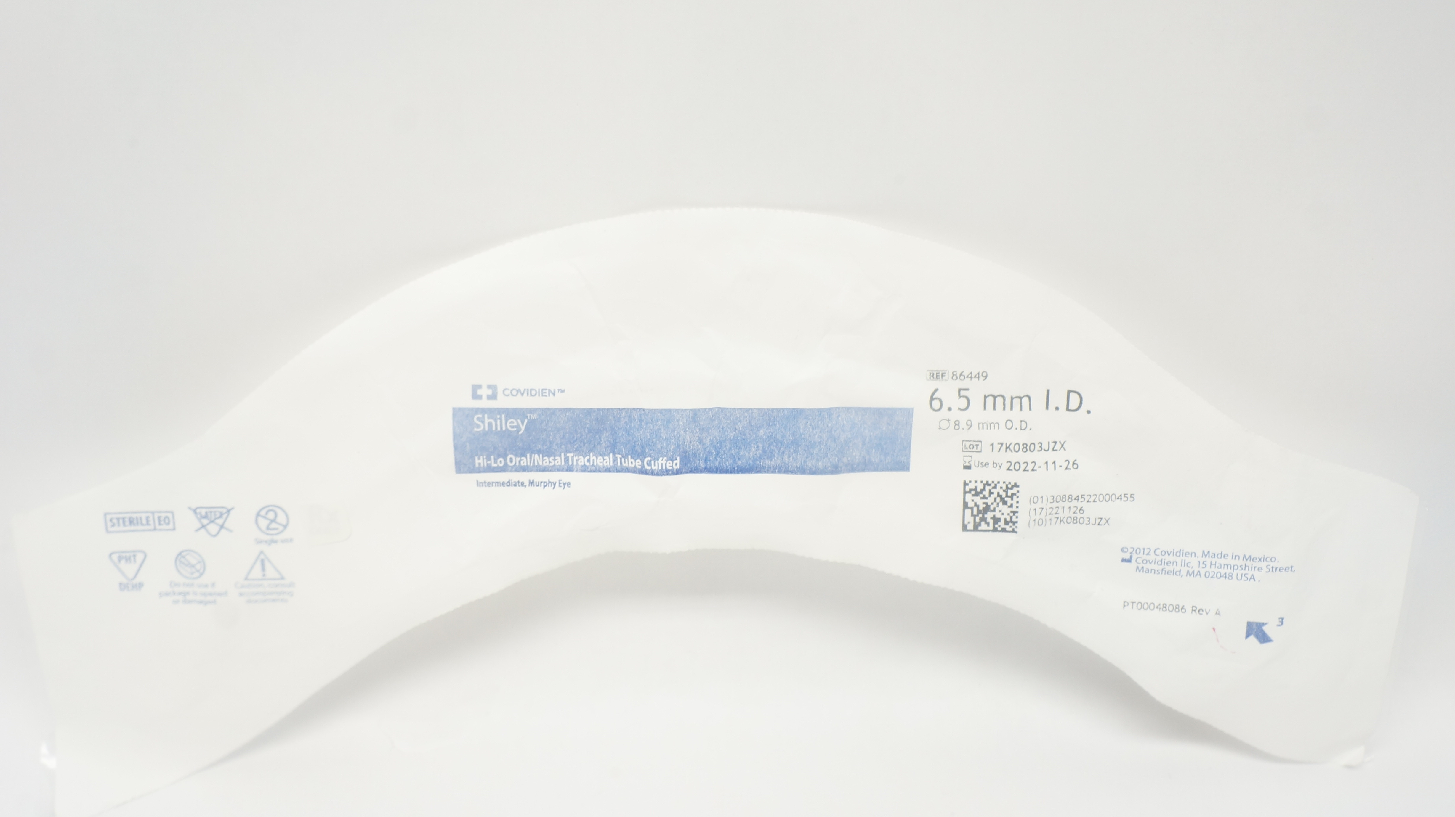 Covidien 86449 Shiley Hi-Lo Oral/Nasal Tracheal Tube Cuffed 6.5 x 8.9mm