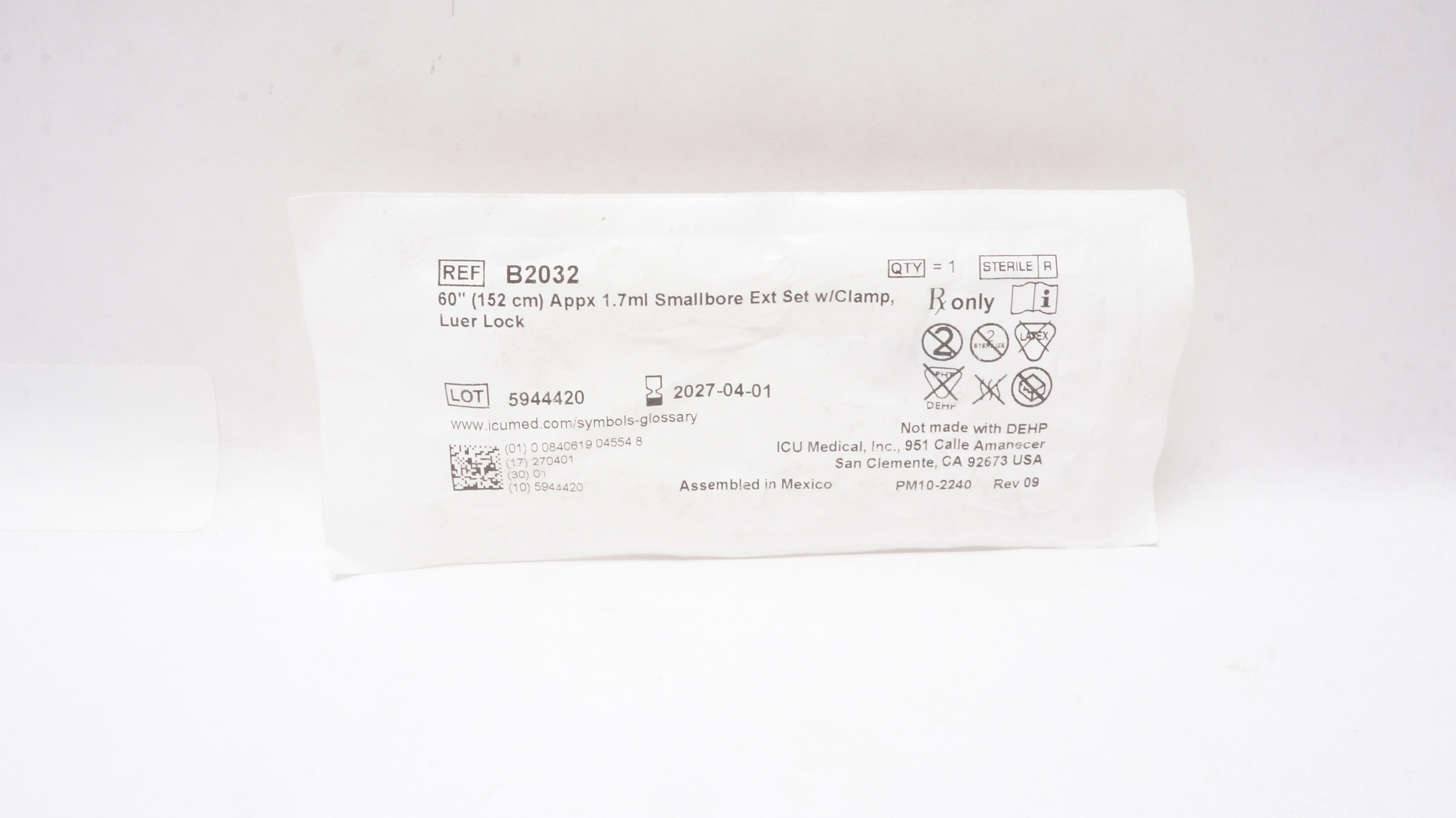 ICU Medical B2032 Appx. 1.7ml Smallbore Ext Set w/Clamp, Luer Lock 60In