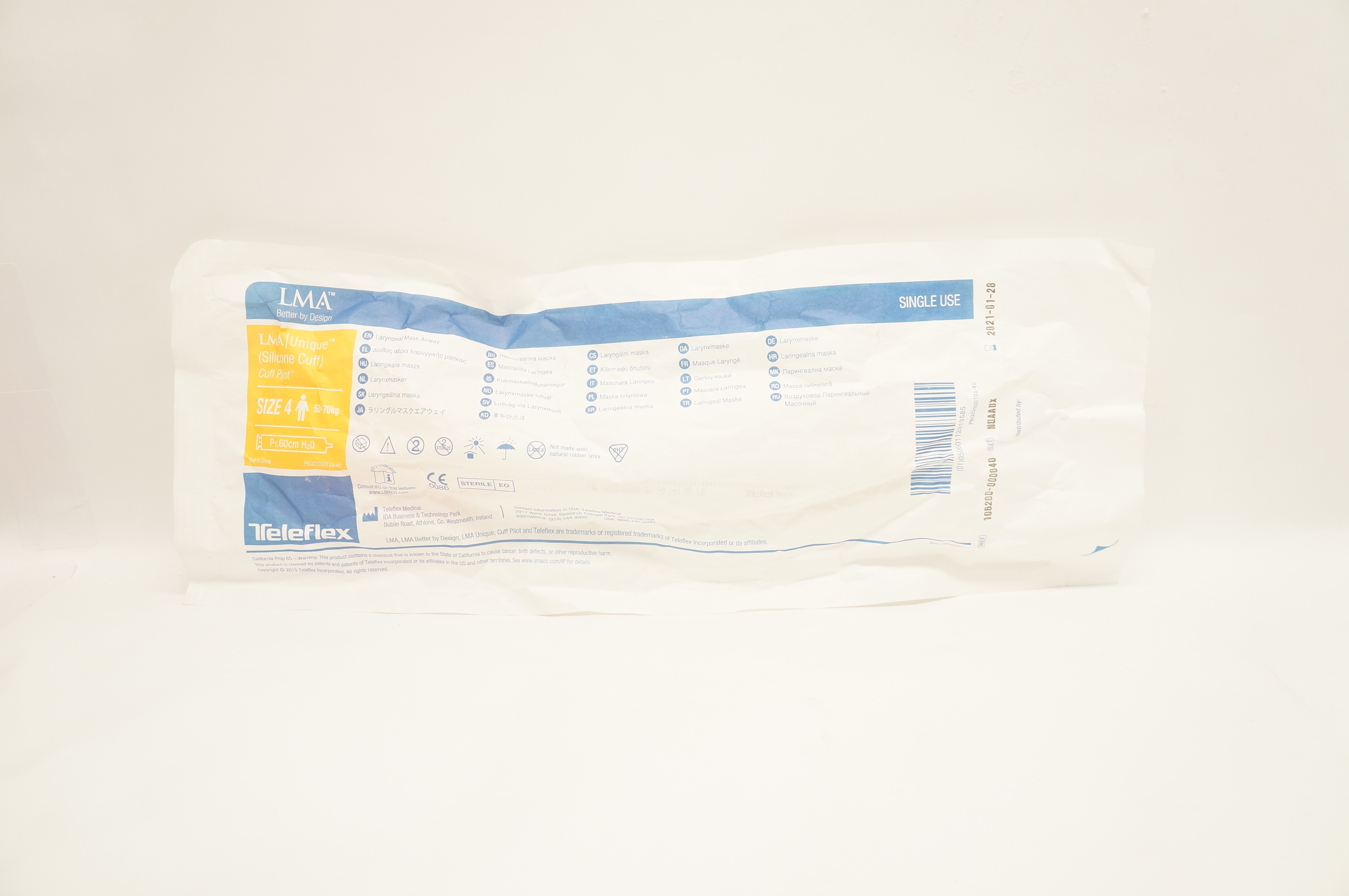 Teleflex 105200-000040 LMA Unique Cuff Pilot Laryngeal Mask Size 4, 50-70kg (x)