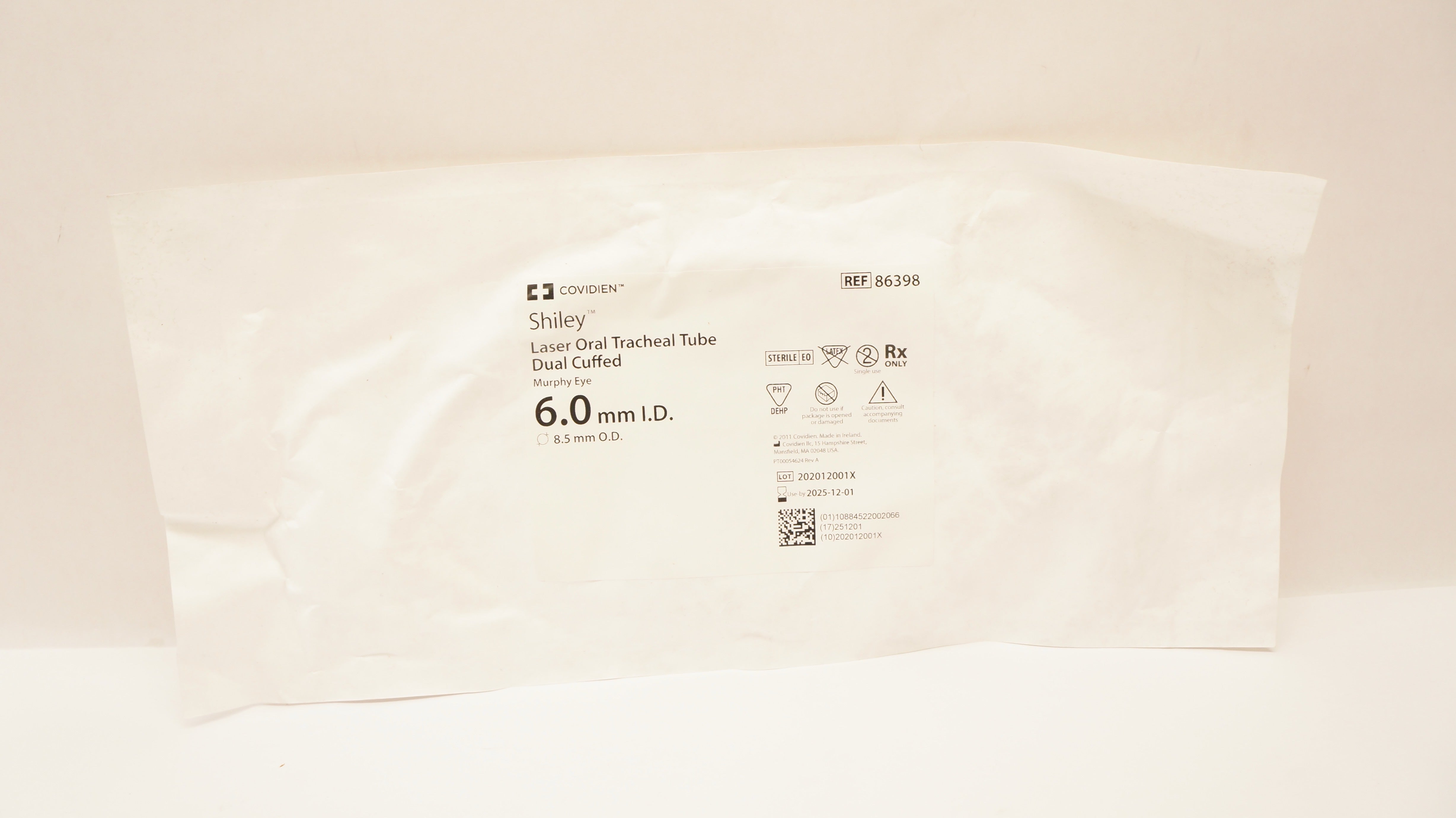 Covidien 86398 Shiley Laser Oral Tracheal Tube Dual, Cuffed 6.0mm ID x 8.5mm OD