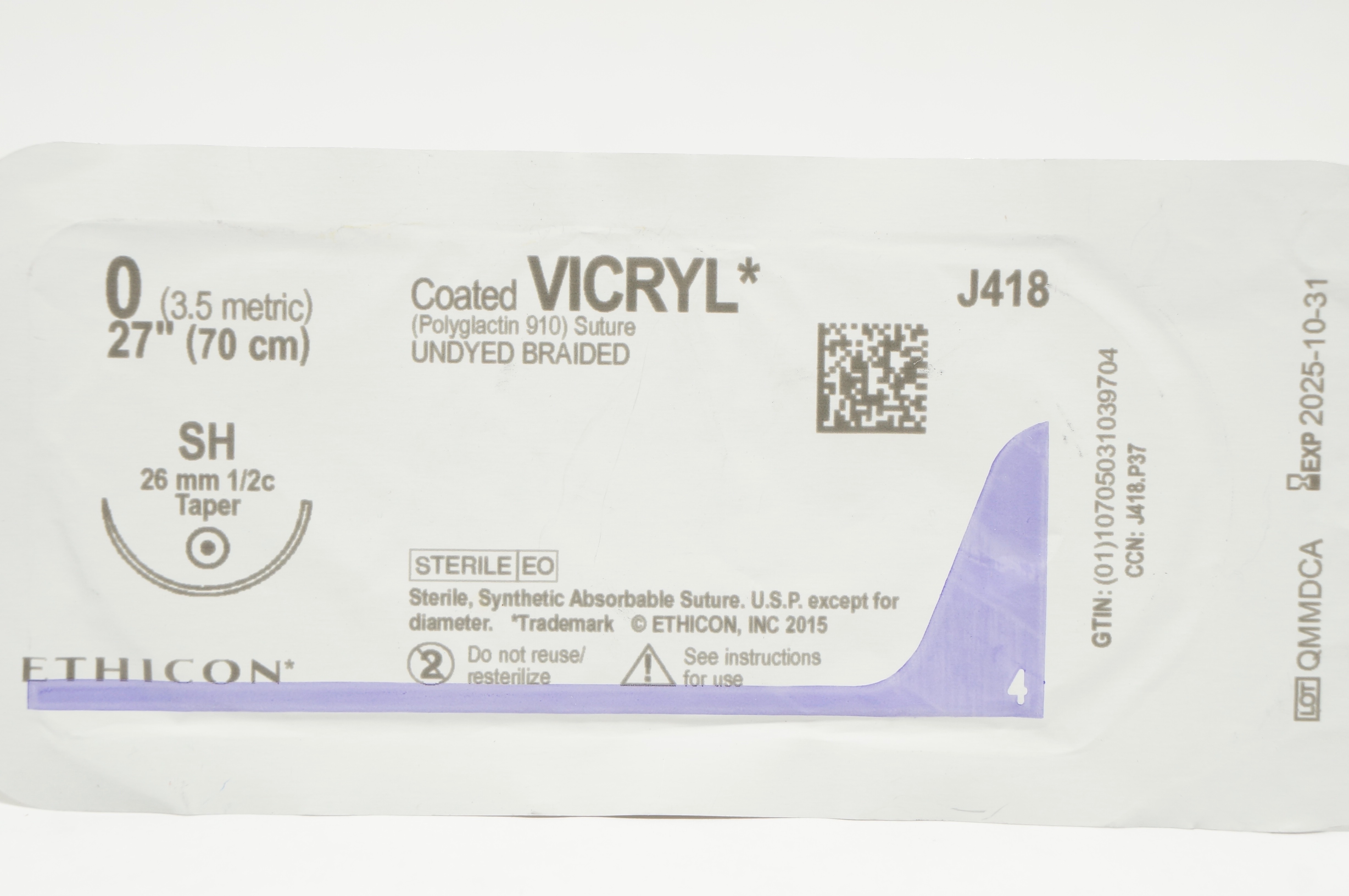 Ethicon J418 0 Coated VICRYL Polyglactin 910 Stre SH 26mm 1/2c Taper 27inch