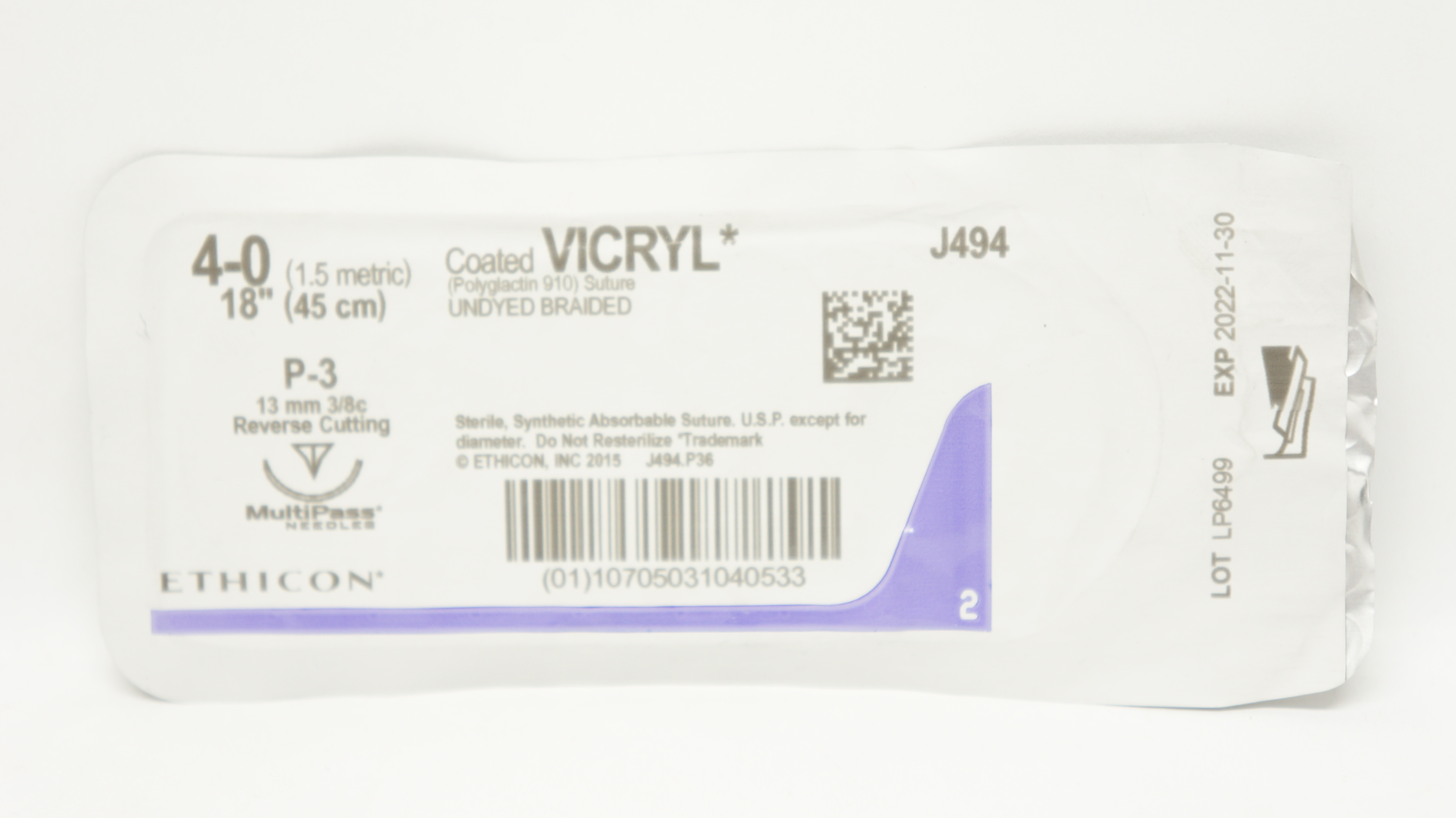 Ethicon J494 4-0 Coated Vicryl Stre P-3 13mm 3/8c Reverse Cutting, 18inch