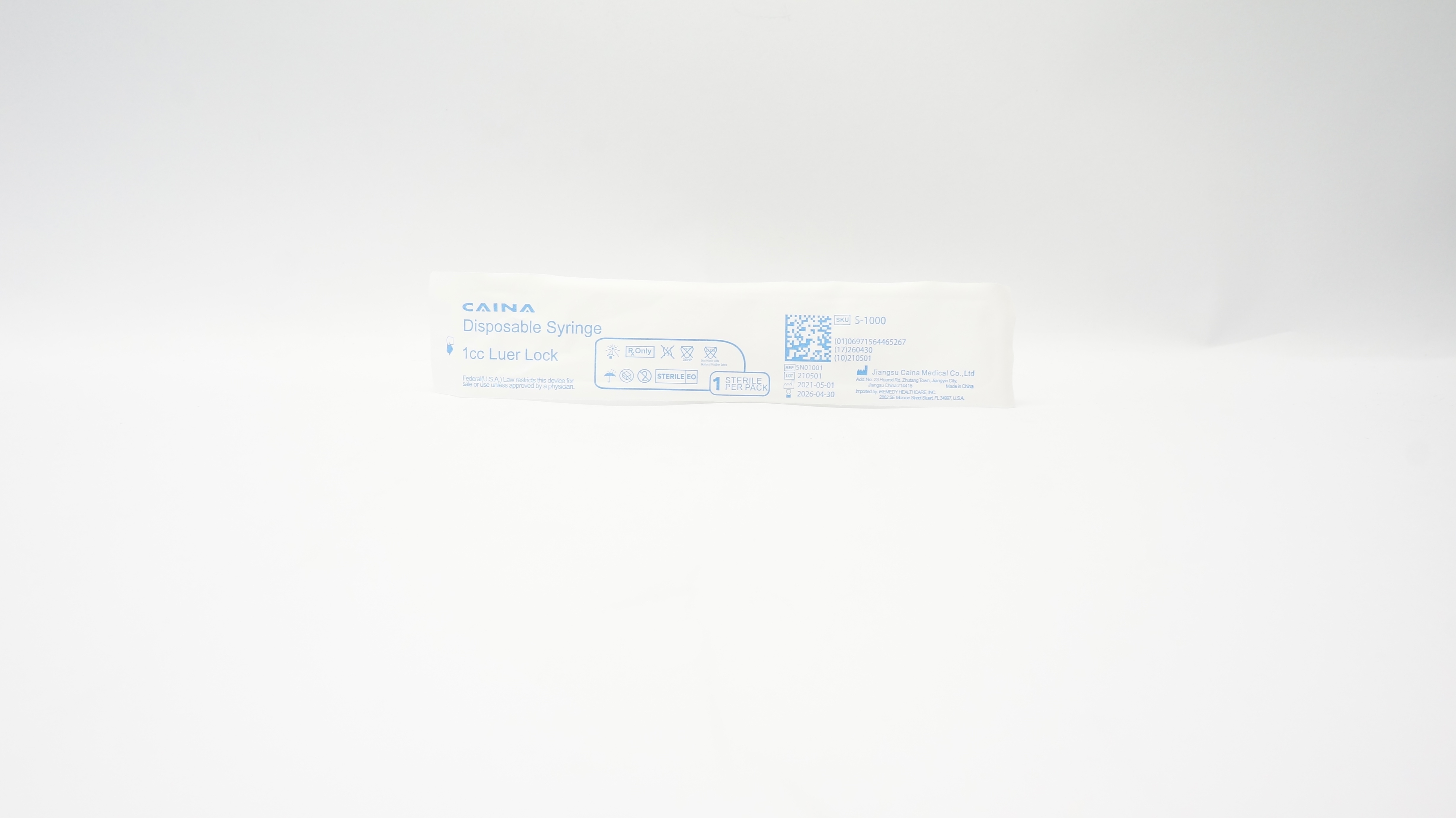 Jiangsu Caina Medical S-1000 1cc Luer Lock Disposable Syringe
