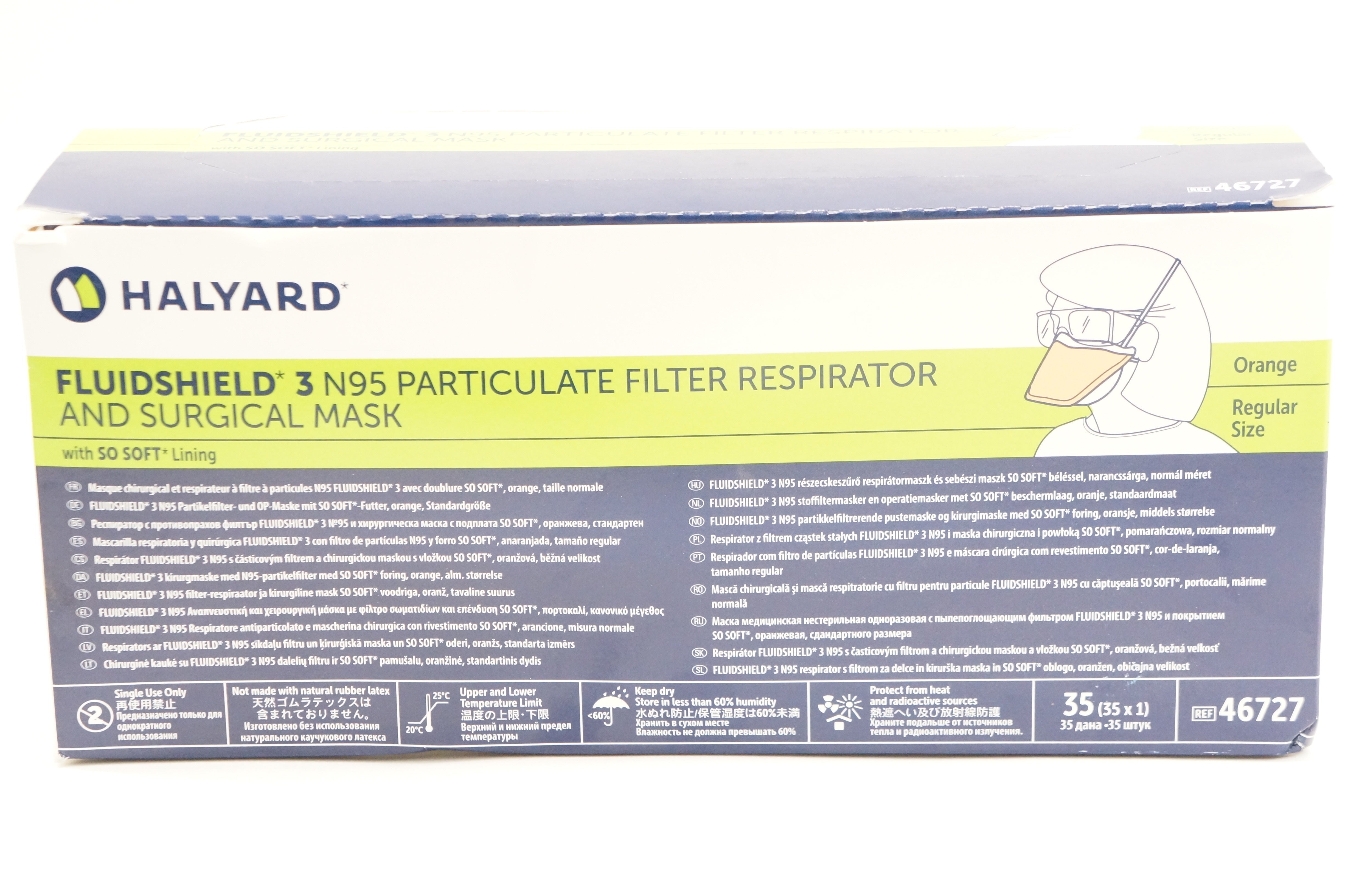 Halyard 46727 Fluidshield 3 N95 Filter Respirator & Surgical Mask -(x) Box of 35