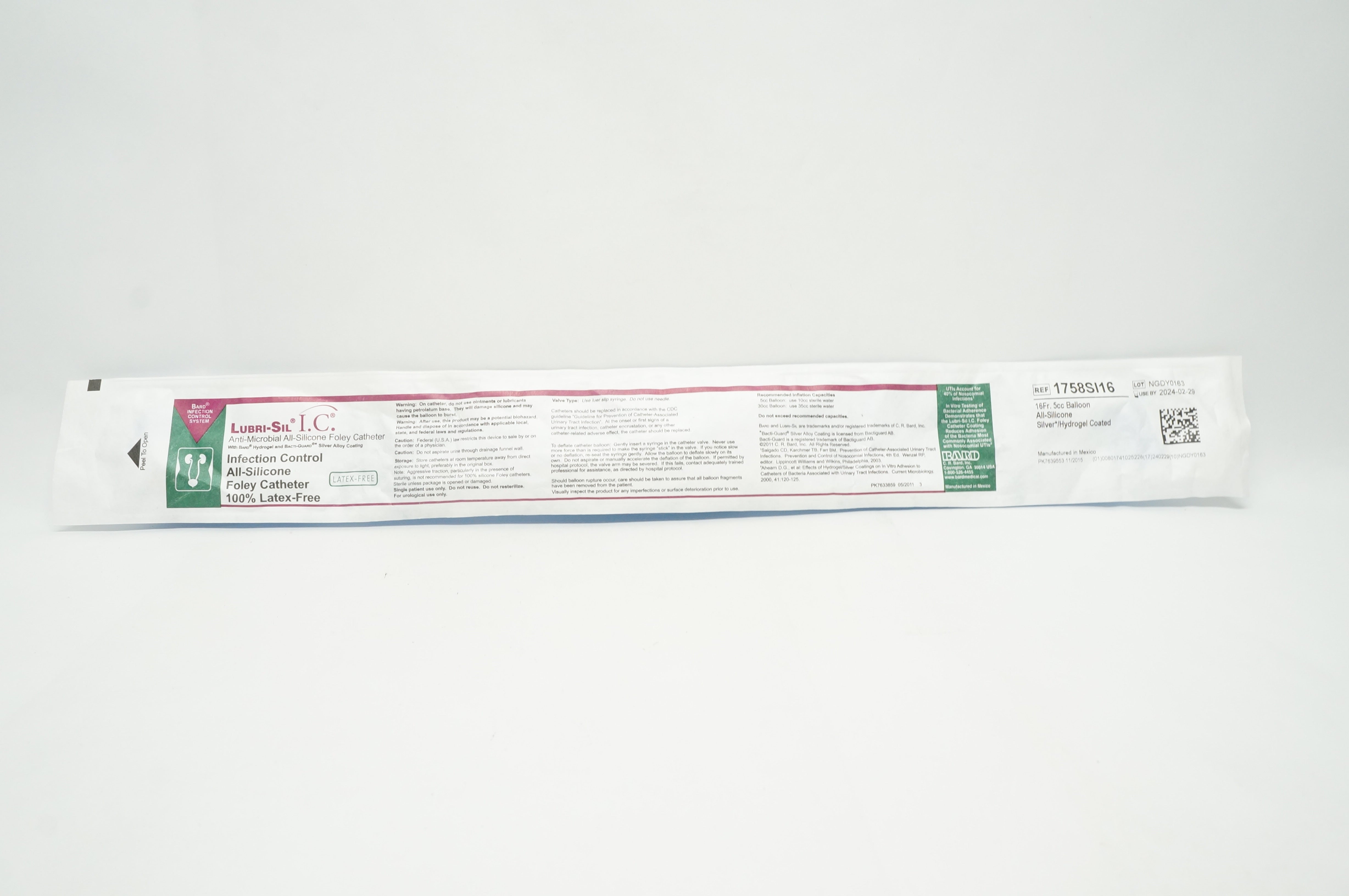 Bard 1758SI16 Bardex I.C. Anti-Microbial Foley Cath. 16Fr 5cc Ribbed Balloon