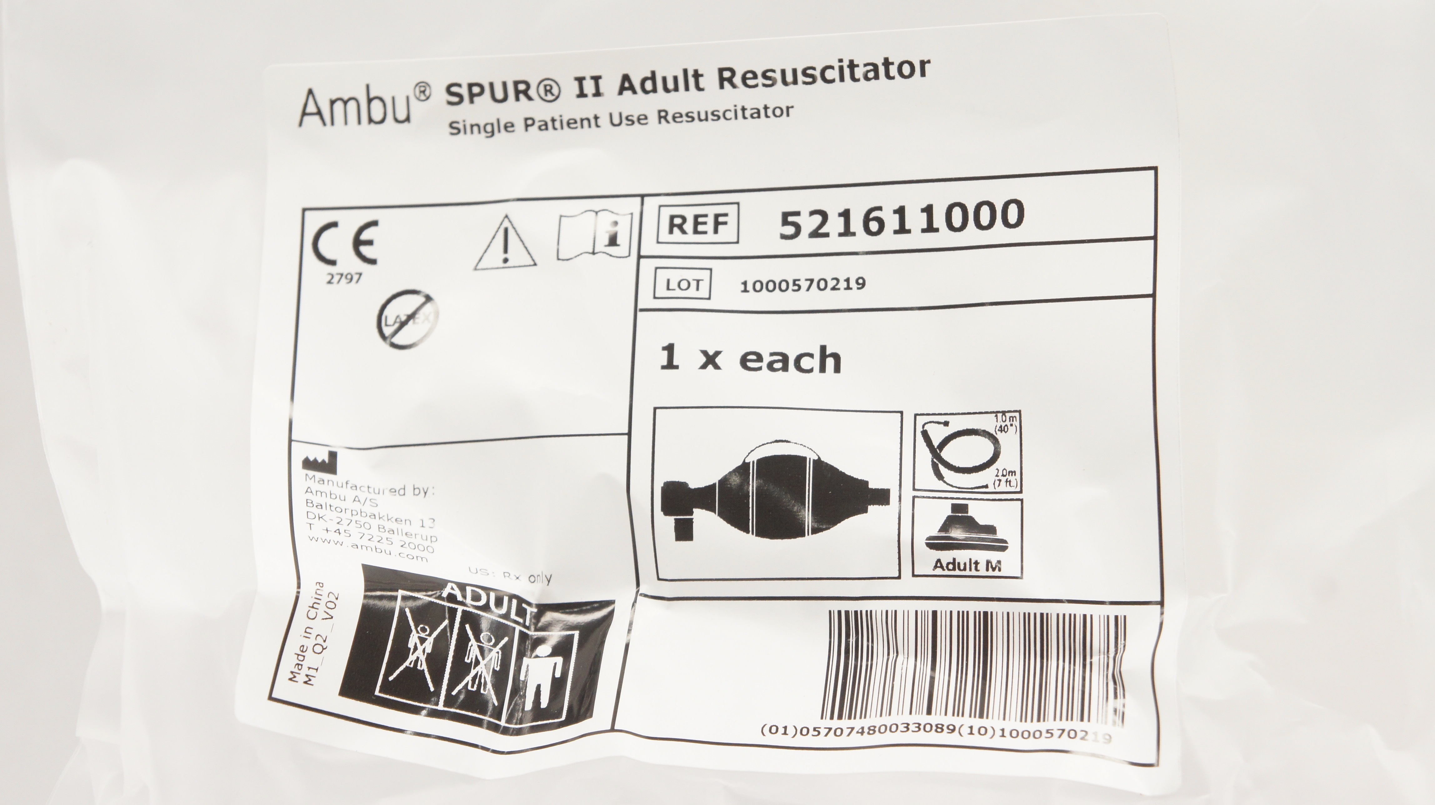 AMBU 521611000 SPUR II Adult Resuscitator, M 40inch x 7ft