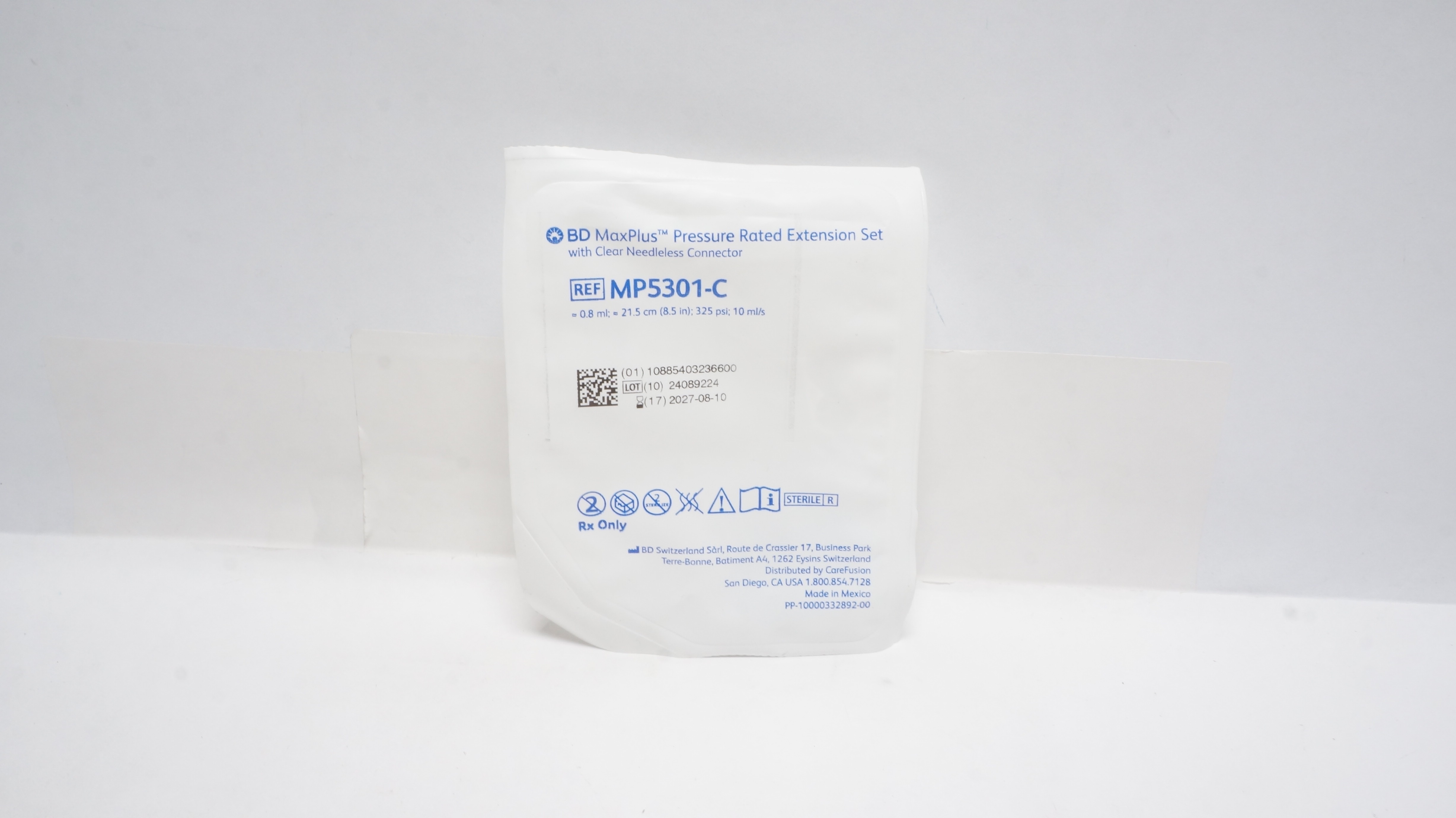 BD MZ5301-C MaxPlus Pressure Rated Extension Set 0.8ml x 8.5In x 325psi x 10ml/s