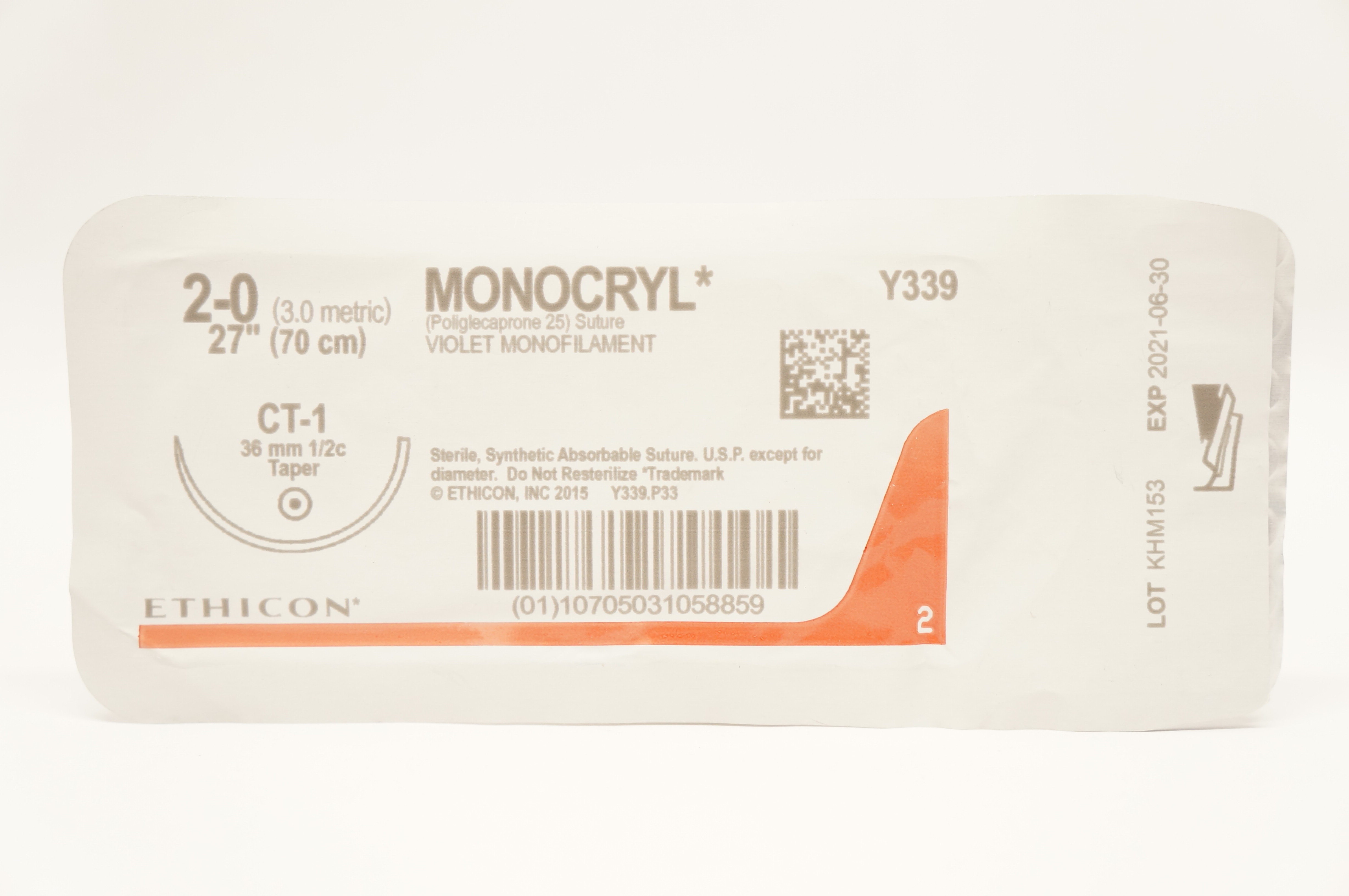 Ethicon Y339 2-0 MONOCRYL, CT-1, 36mm 1/2c Taper, 27inch (x)