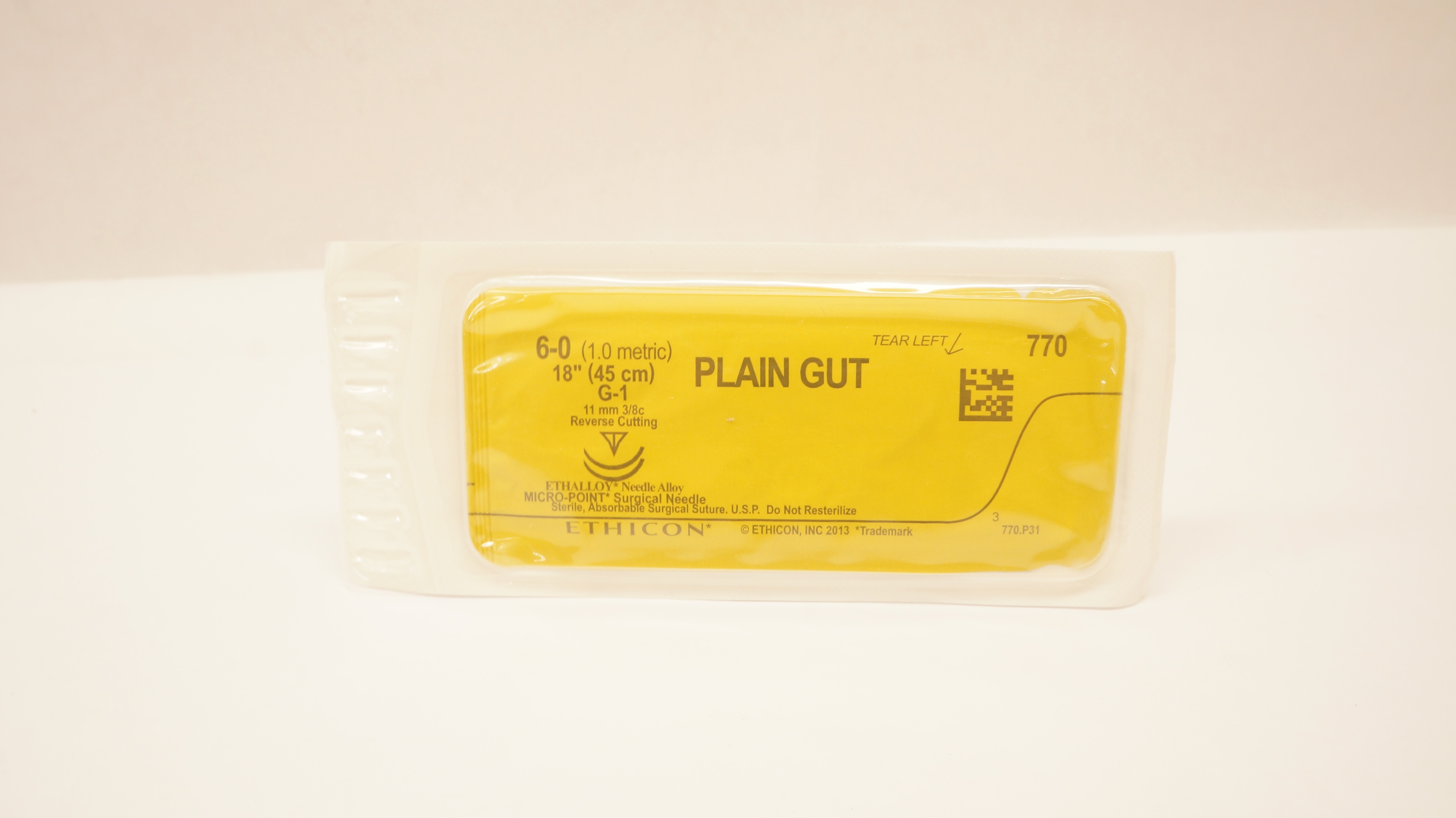 Ethicon 770 6-0 Plain Gut, G-1, 11mm 3/8c Reverse Cutting, 18inch (x)