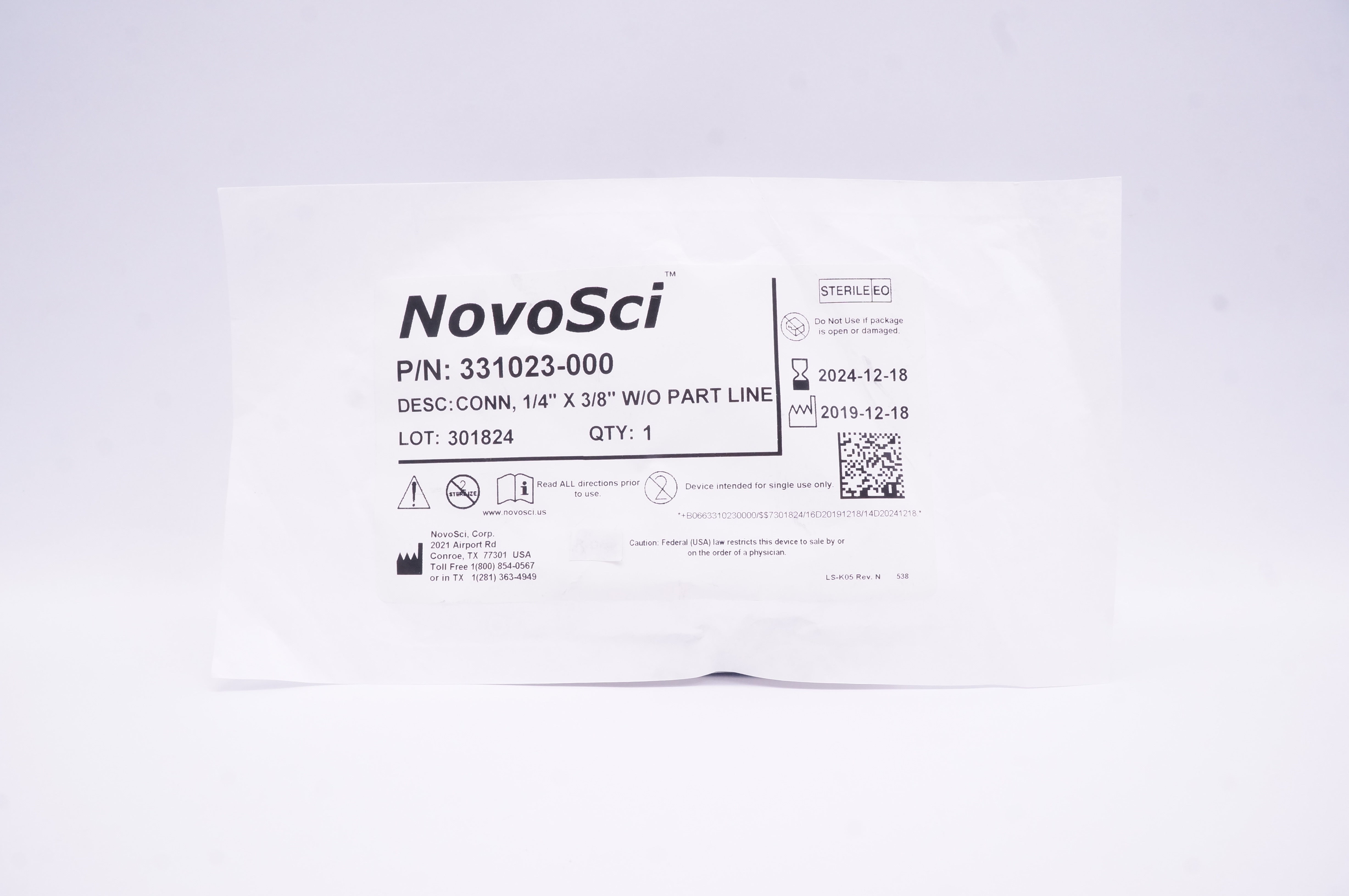 NovoSci 331023-000 Connector 1/4 x 3/8 W/O Parting Line