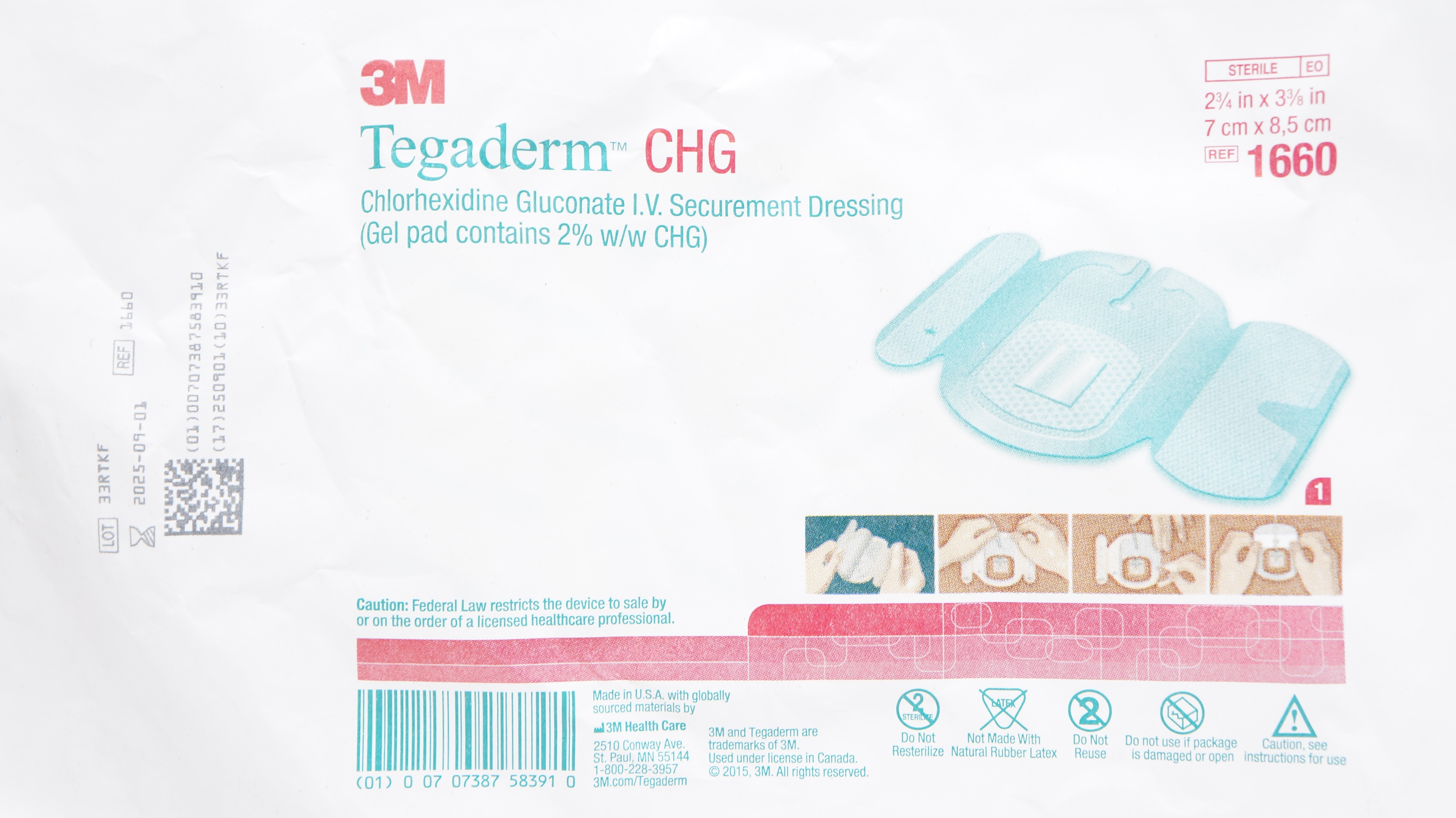 3M 1660 Tegaderm CHG I.V. Securement Dressing 2-3/4inch x 3-3/8inch