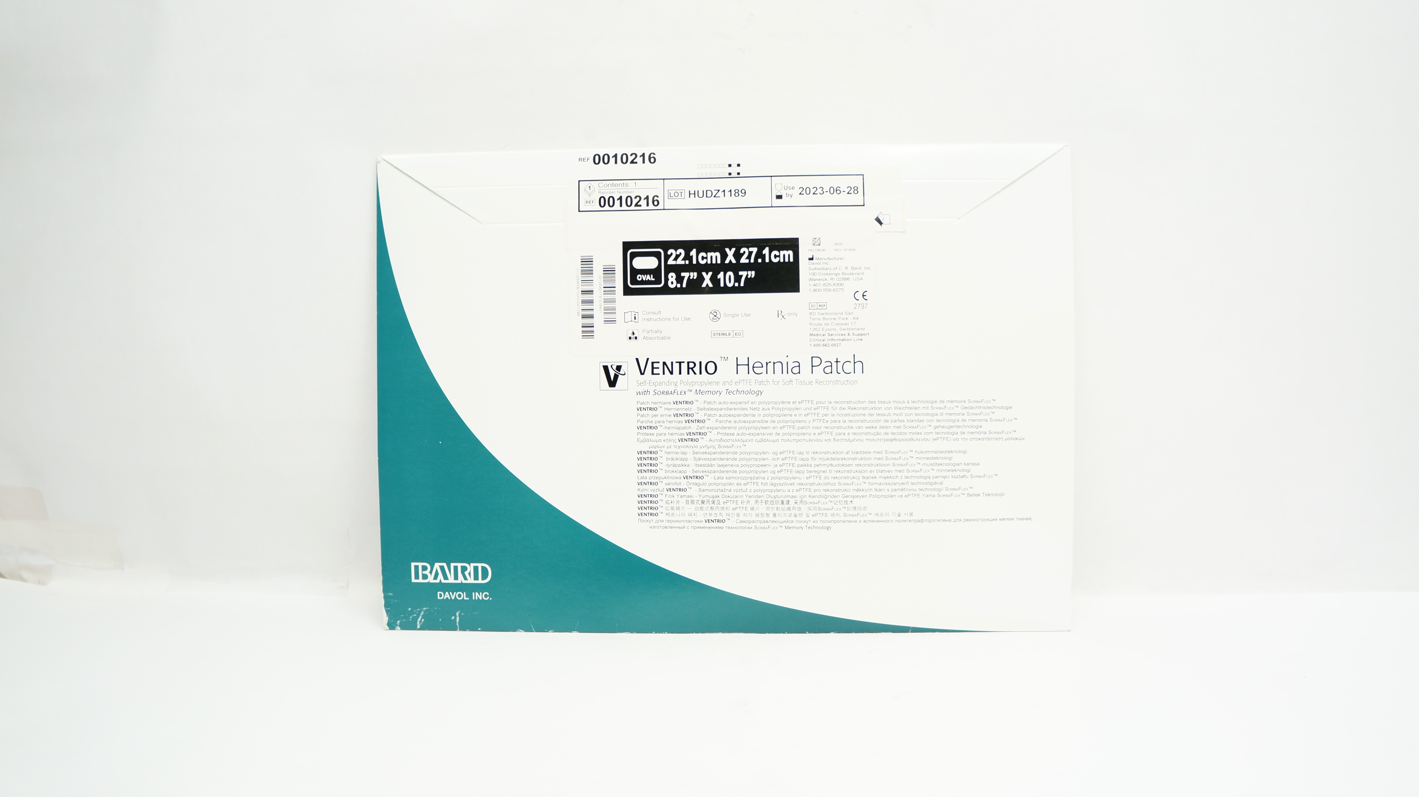 Bard 0010216 Davol Ventrio Hernia Patch 8.7inch x 10.7inch (x)