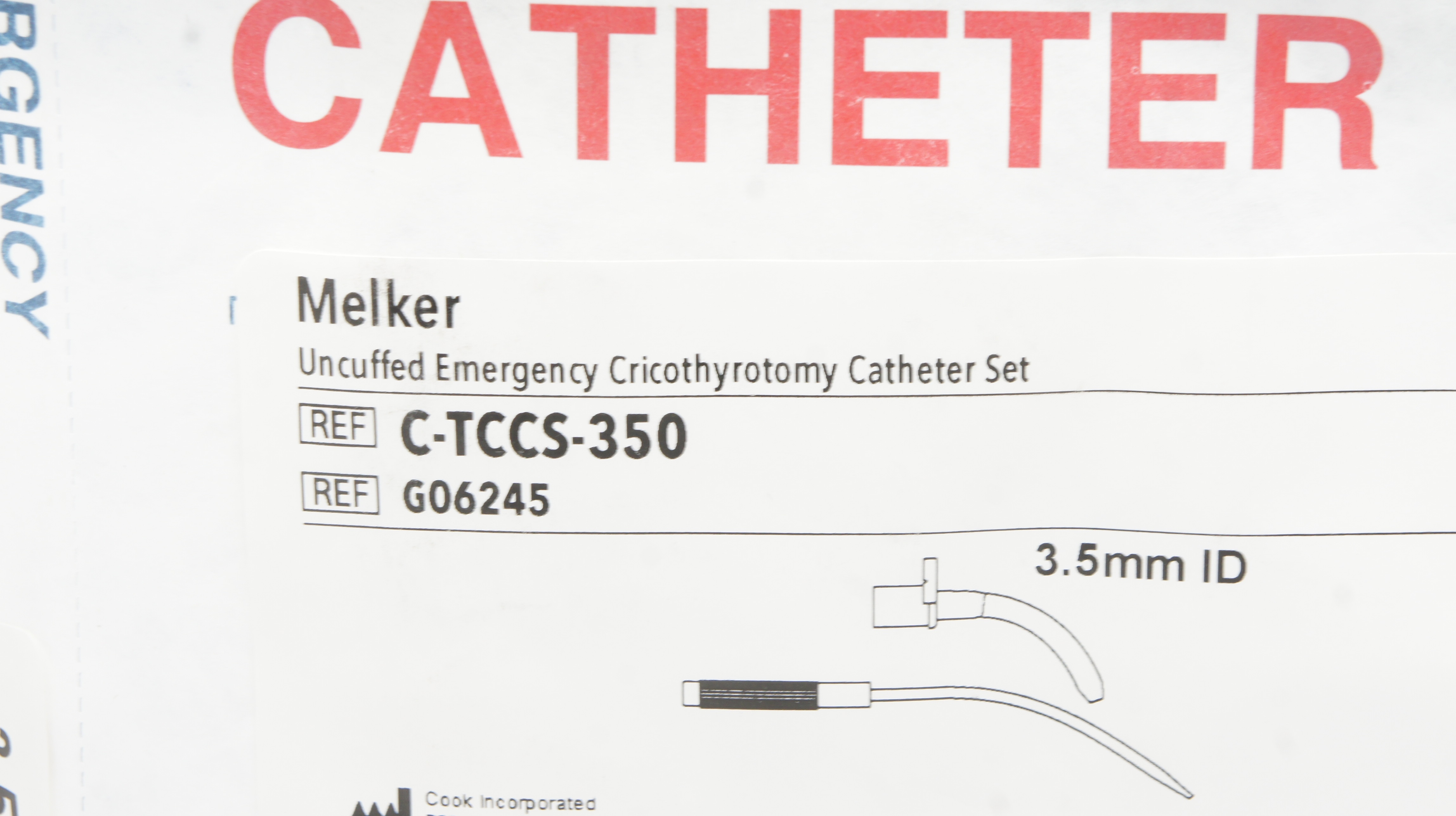 Cook Medical G06245 Melker Uncuffed Emergency Cricothyrotomy Cath. Set 3.5mm ID