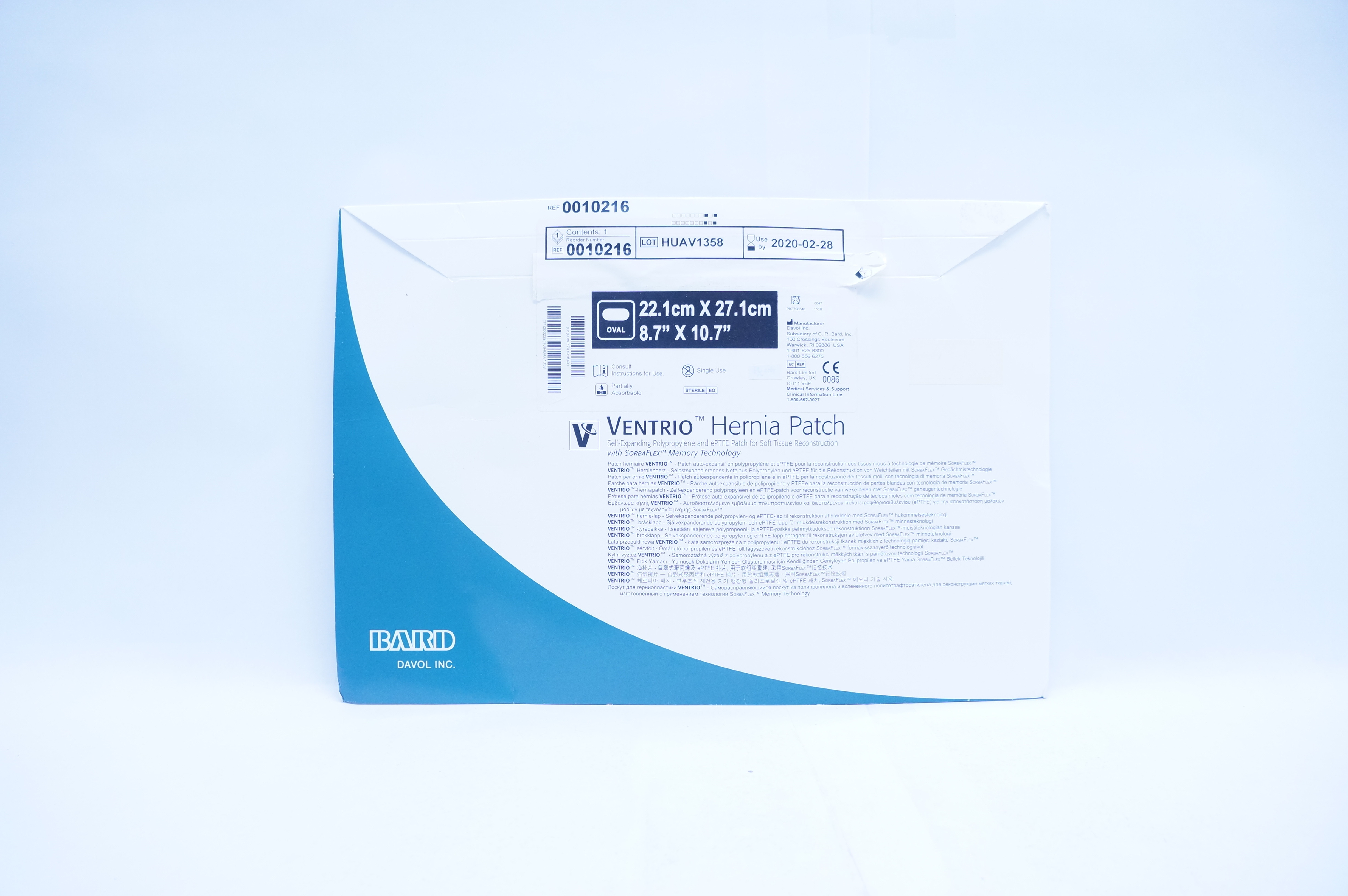 Bard 0010216 Davol Ventrio Hernia Patch 8.7inch x 10.7inch (x)
