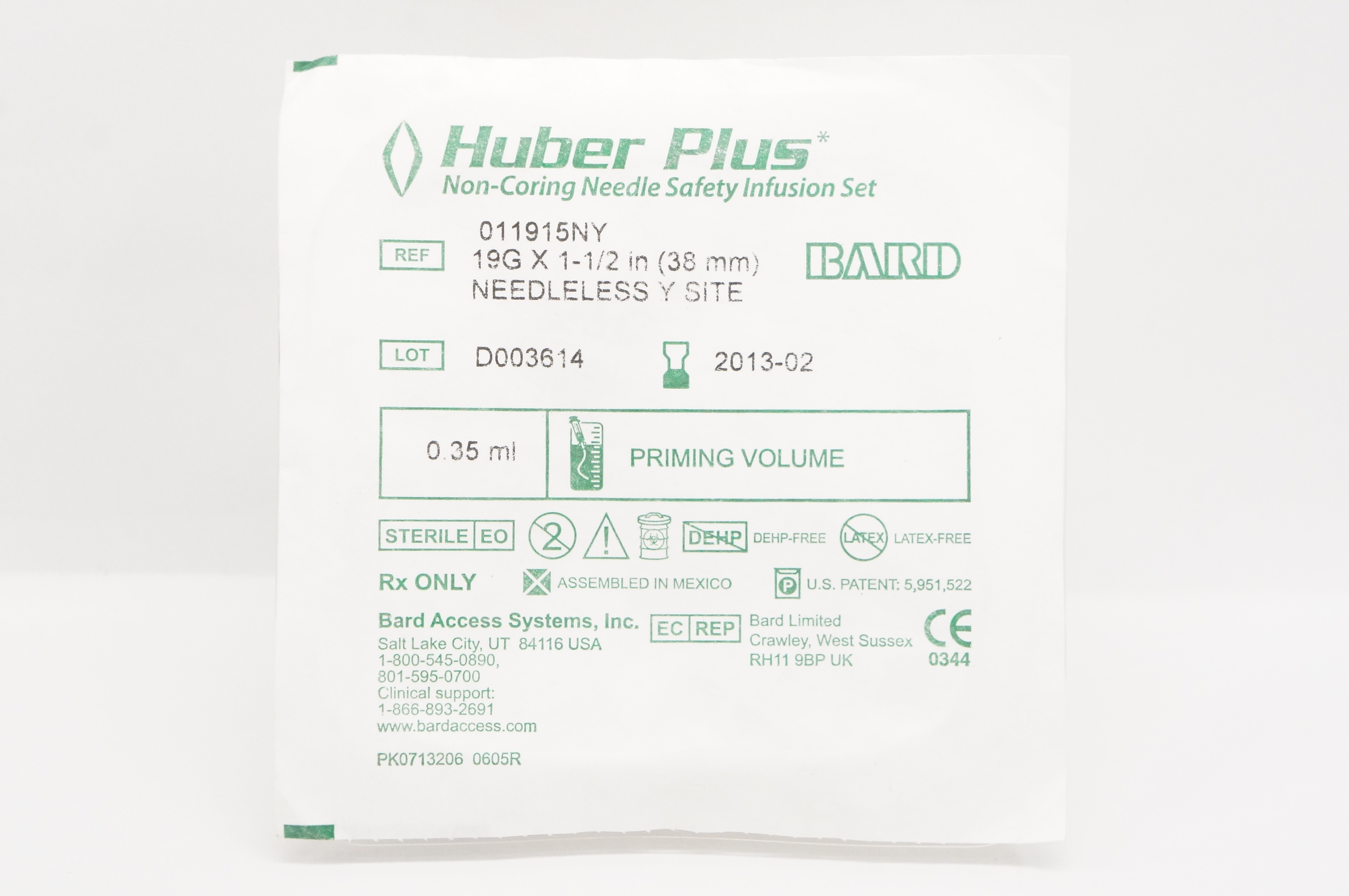 Bard 011915NY Huber Plus Non-Coring Ndle Safety Infusion Set 19G x 1 1/2inch (x)