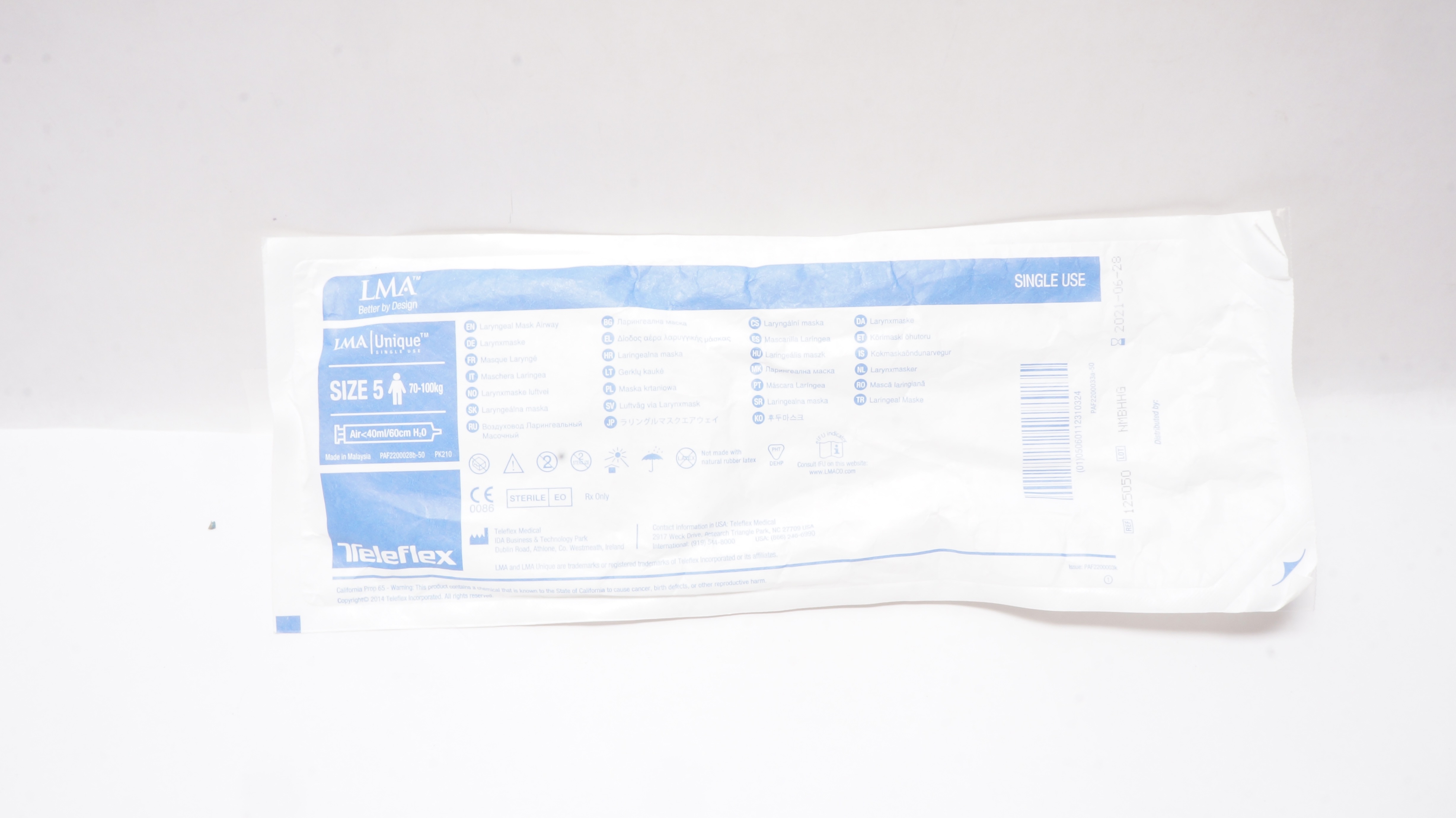 Teleflex 125050 LMA Unique Laryngeal Mask Airway, Size 5 70-100kg <40ml/60cm (x)
