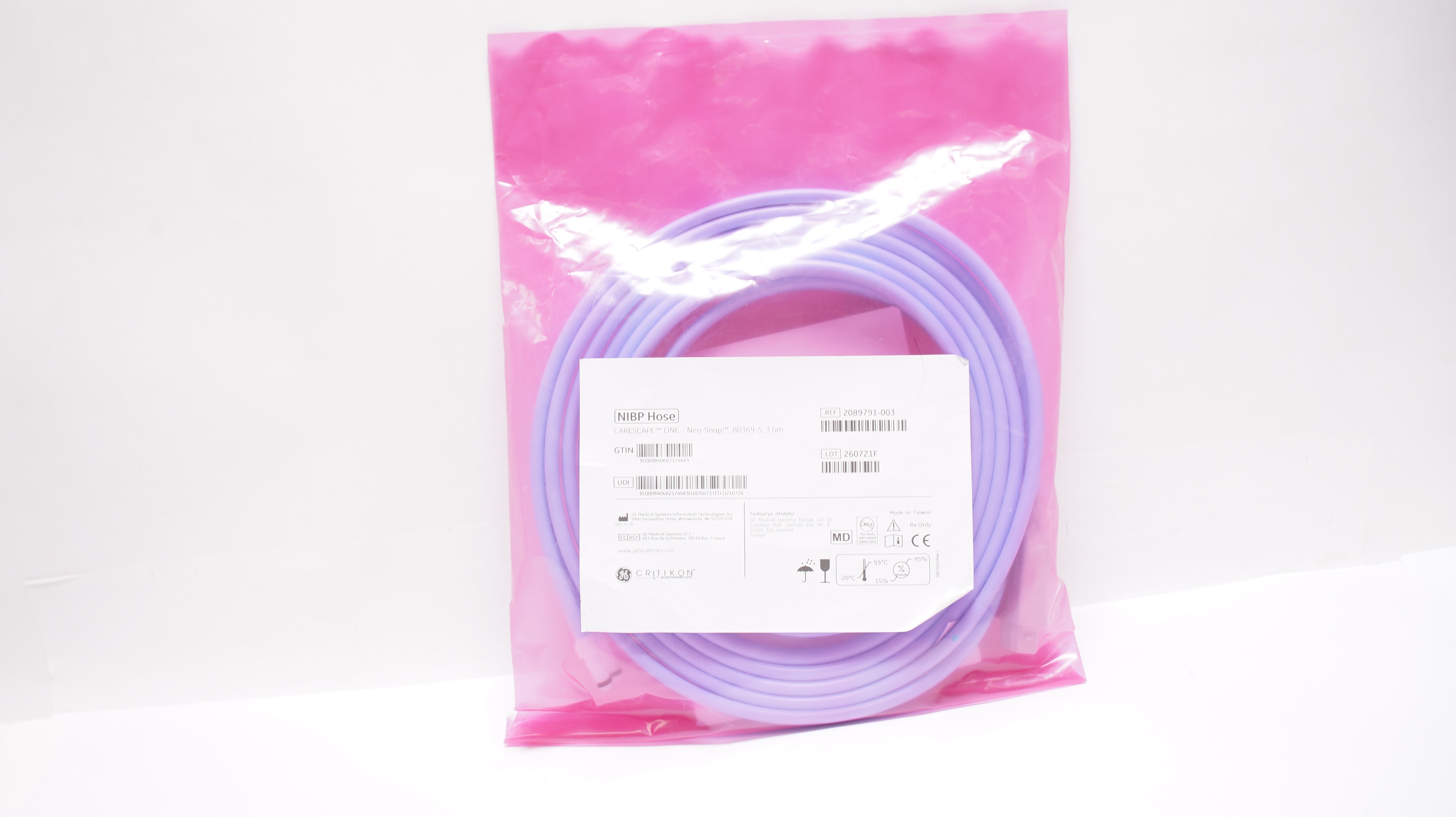 GE Medical 2089791-003 HIBP Hose Carescape One Neo-Snap, 80369-5, 3.6m