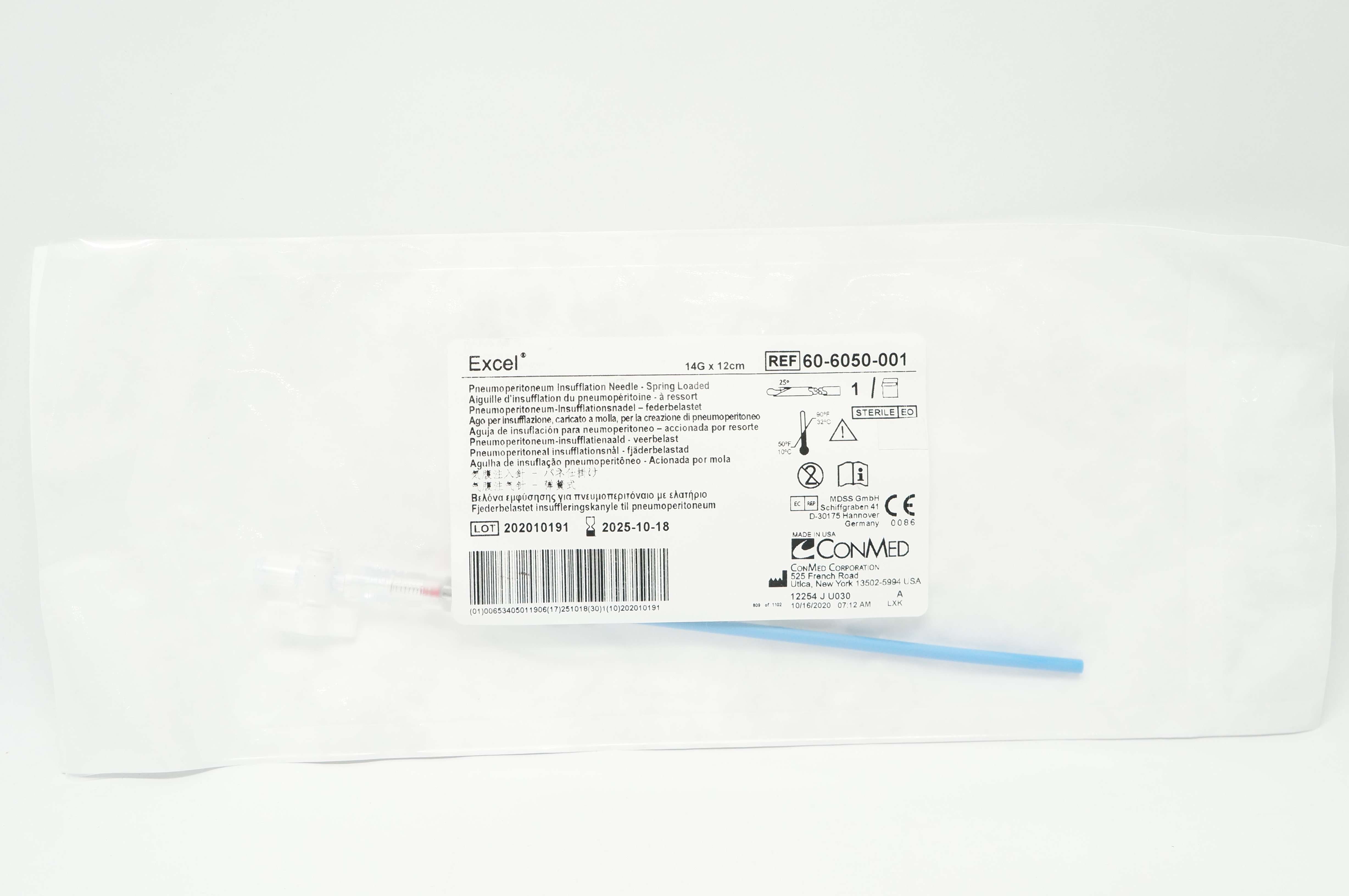 ConMed 60-6050-001 Excel Pneumoperitoneum Insufflation Ndle 14G x 12cm