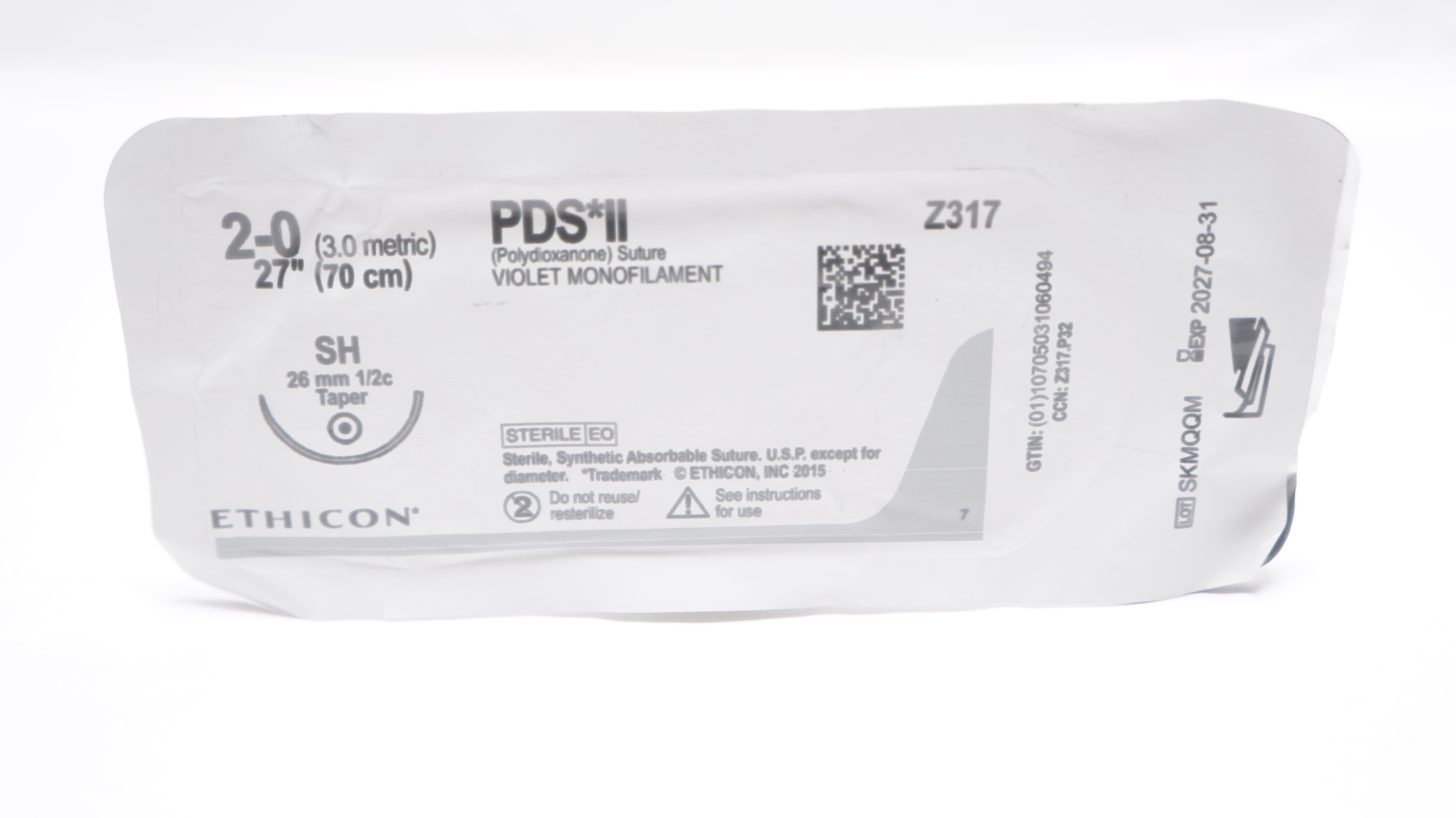 Ethicon Z317 2-0 PDS II Polydioxanone Stre SH 26mm 1/2c Taper 27inch (x)