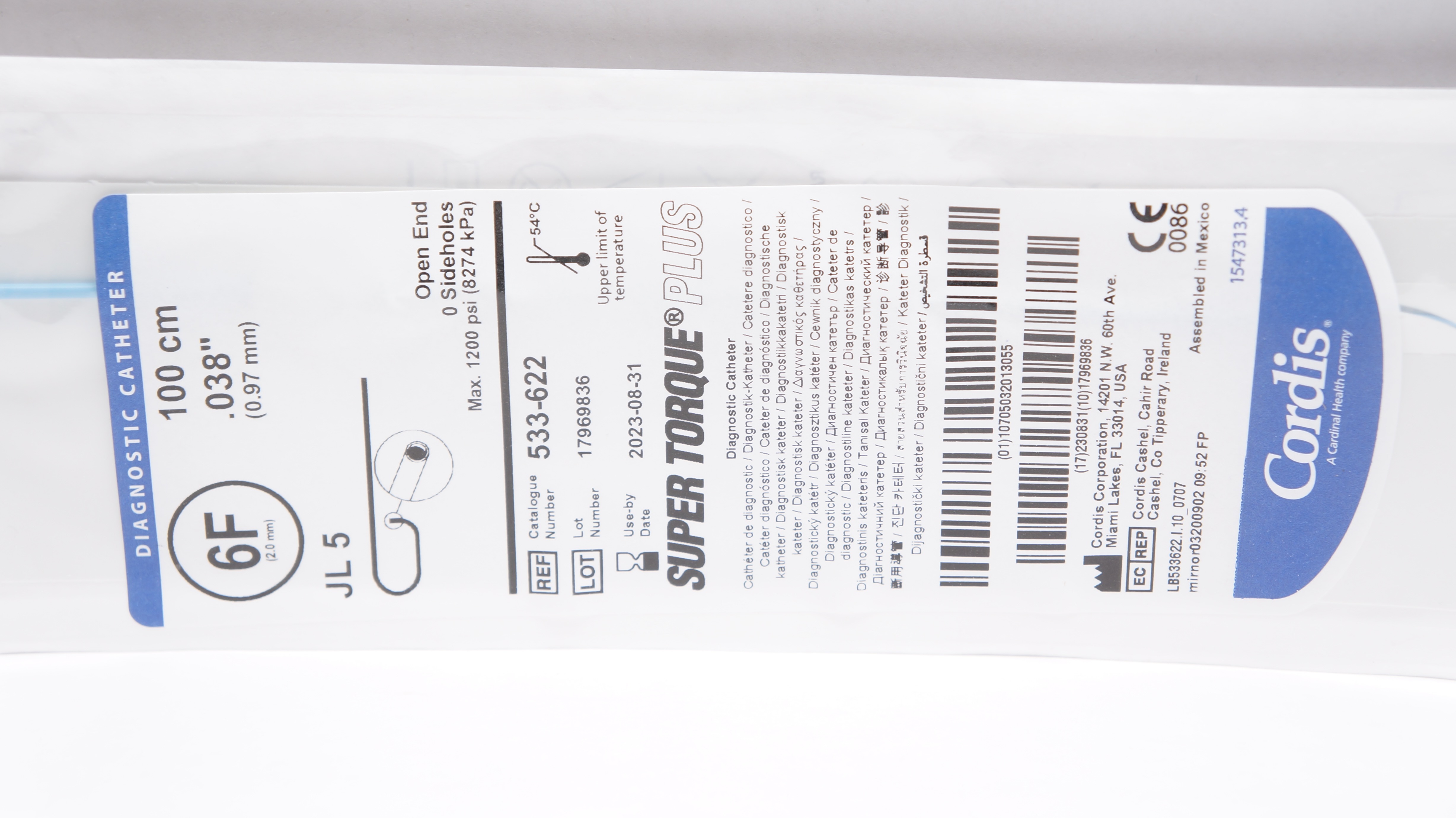 Cordis 533-622 Super Torque Plus JL 5 Diagnostic Cath. 6F 100cm x .038inch (x)