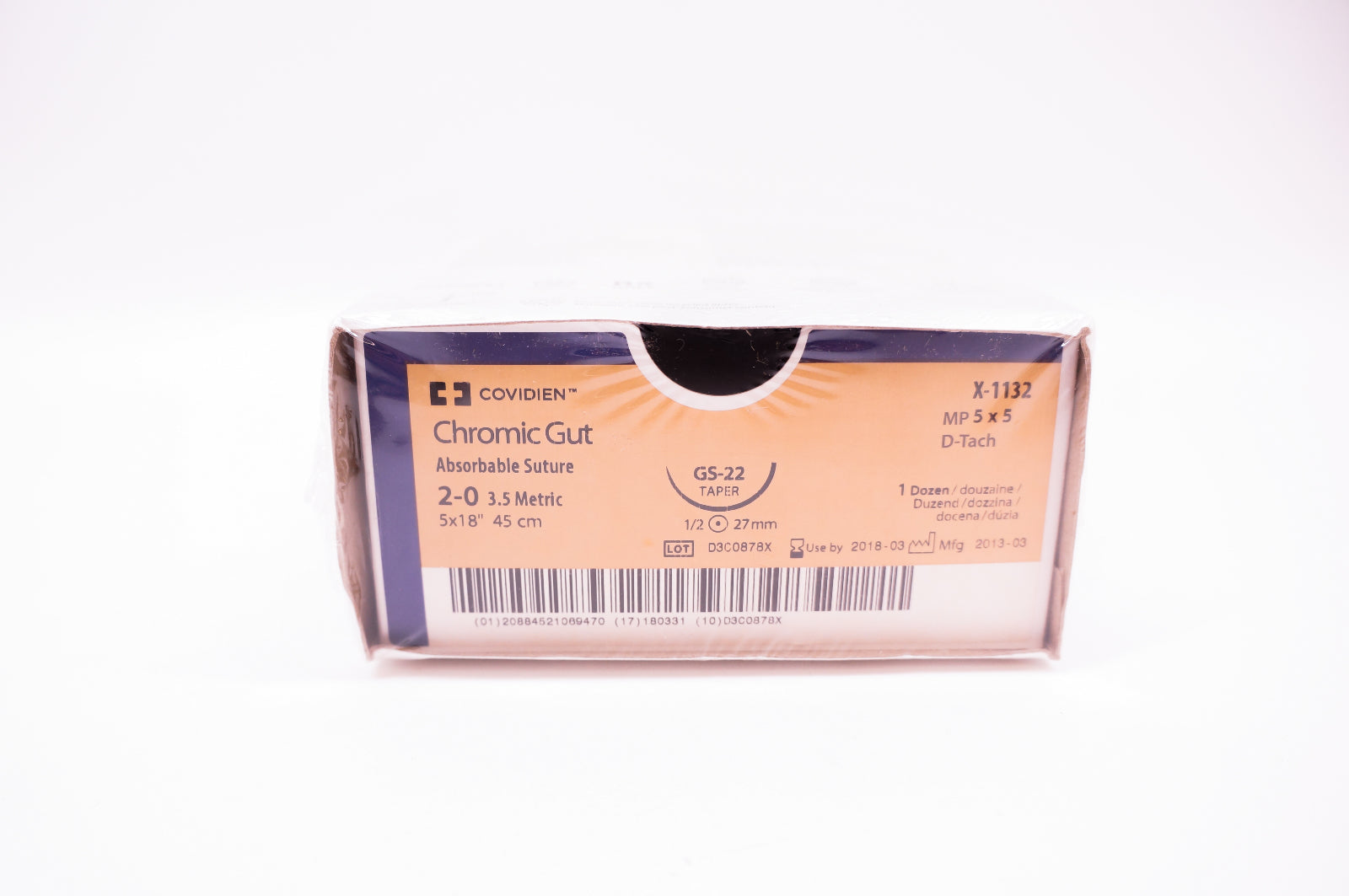 Covidien X-1132 2-0 Chromic Gut, GS-22 Taper, 1/2 27mm, 5x18inch (x) - Box of 12