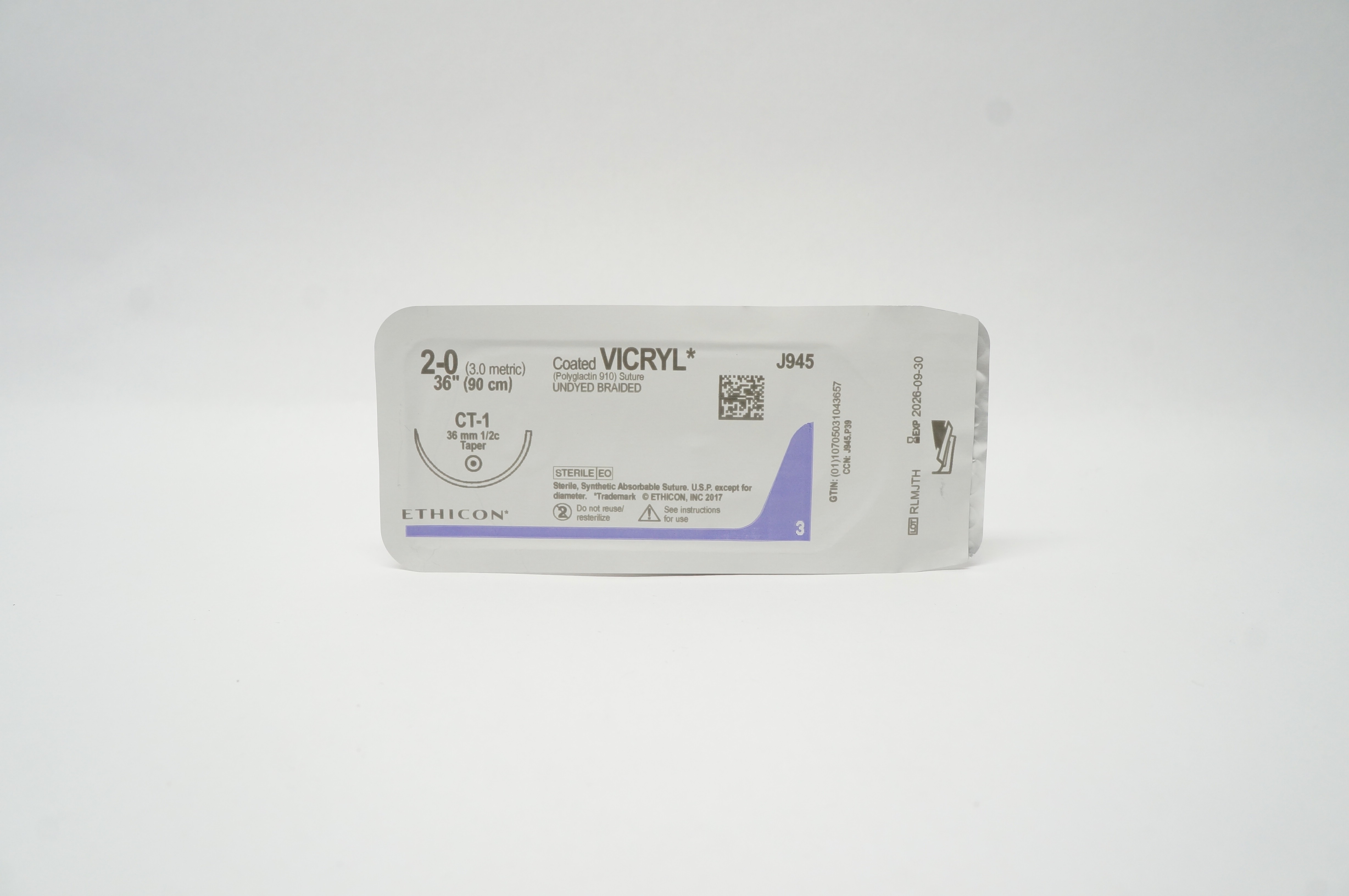 Ethicon J945 2-0 Coated VICRYL Braided Stre CT-1 36mm 1/2c Taper, 36inch