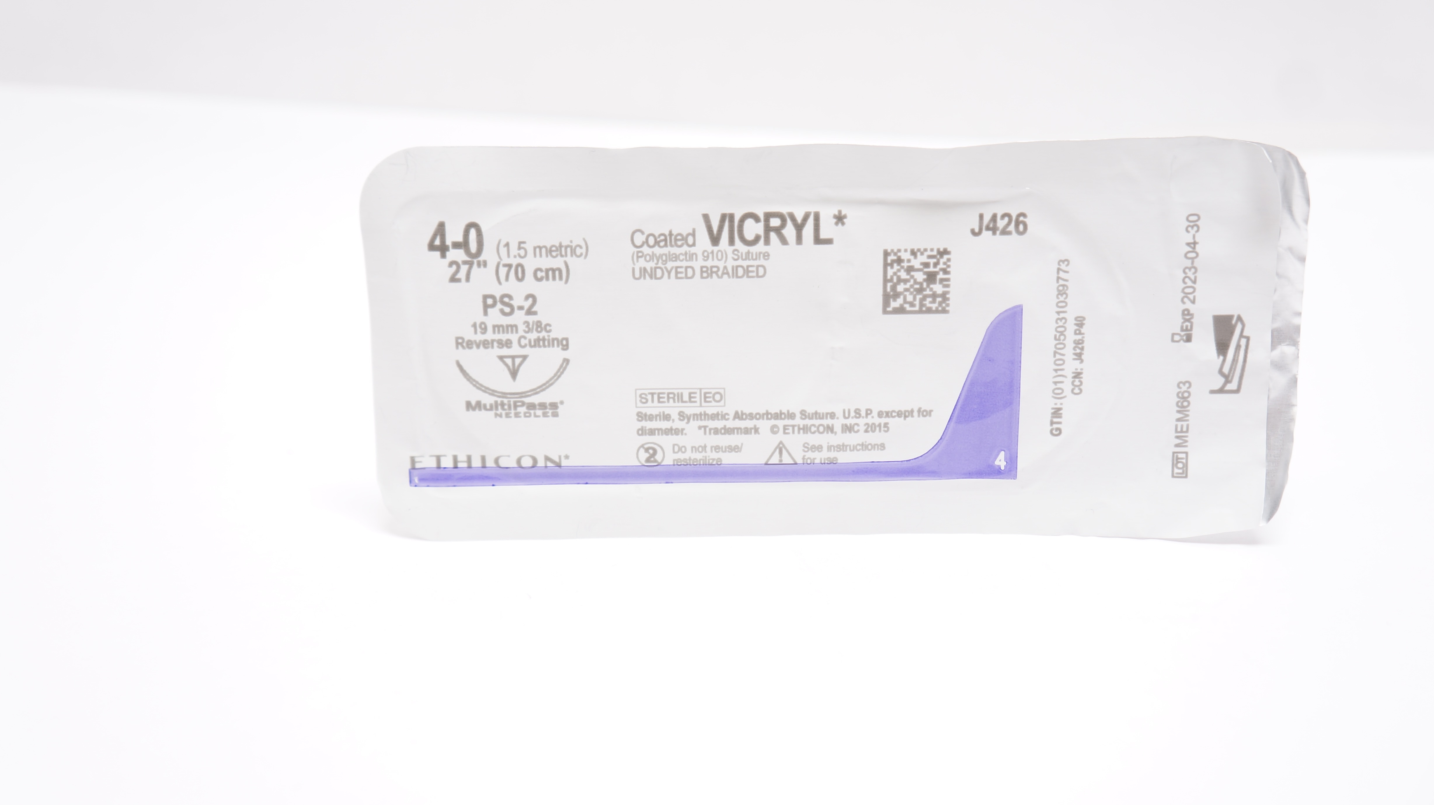 Ethicon J426 4-0 Coated VICRYL, PS-2, 19mm 3/8c Reverse Cutting, 27inch (x)