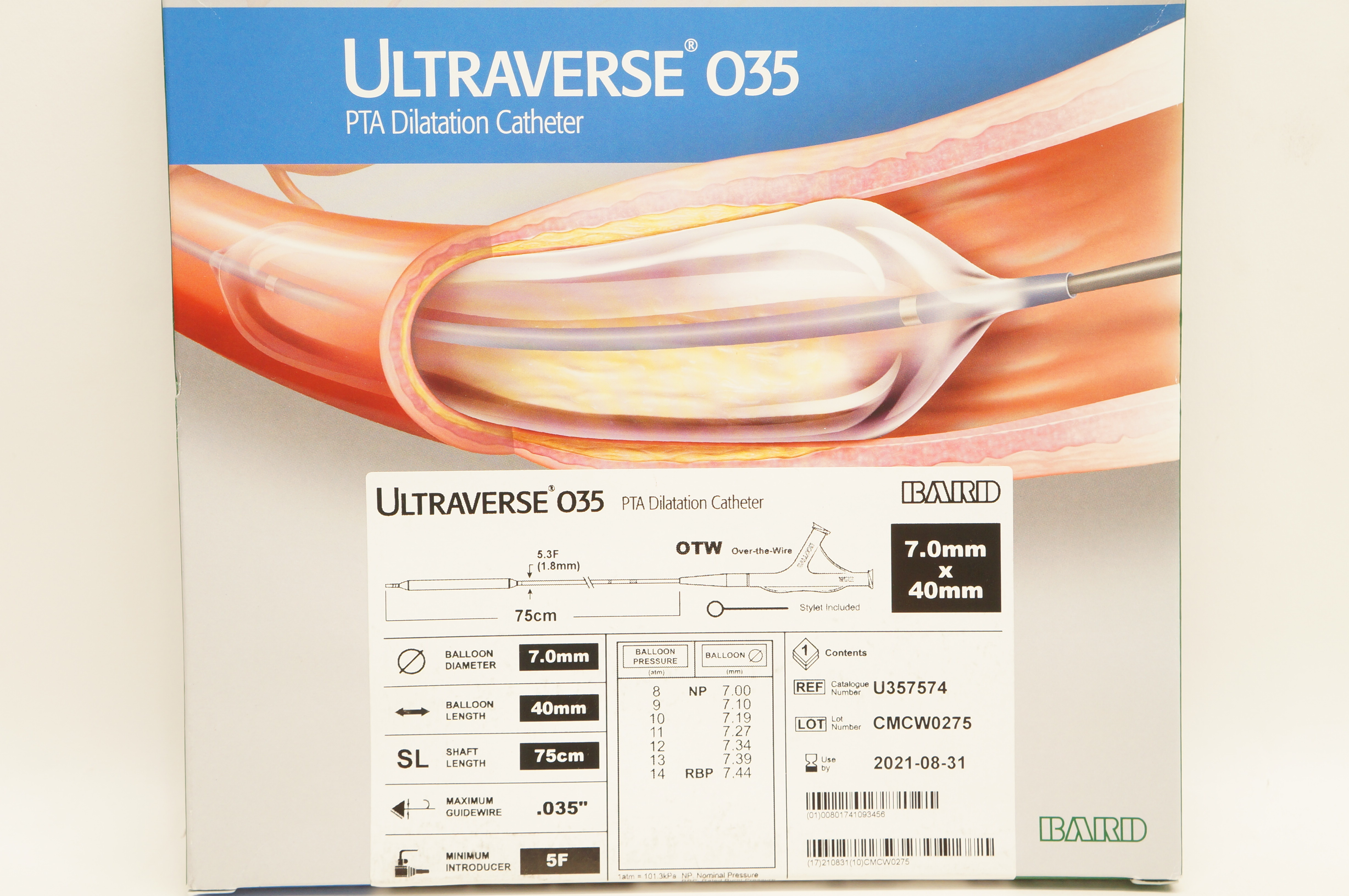Bard U357574 Ultraverse 035 PTA Dilatation Catheter 7.0 mm x 40mm (x)