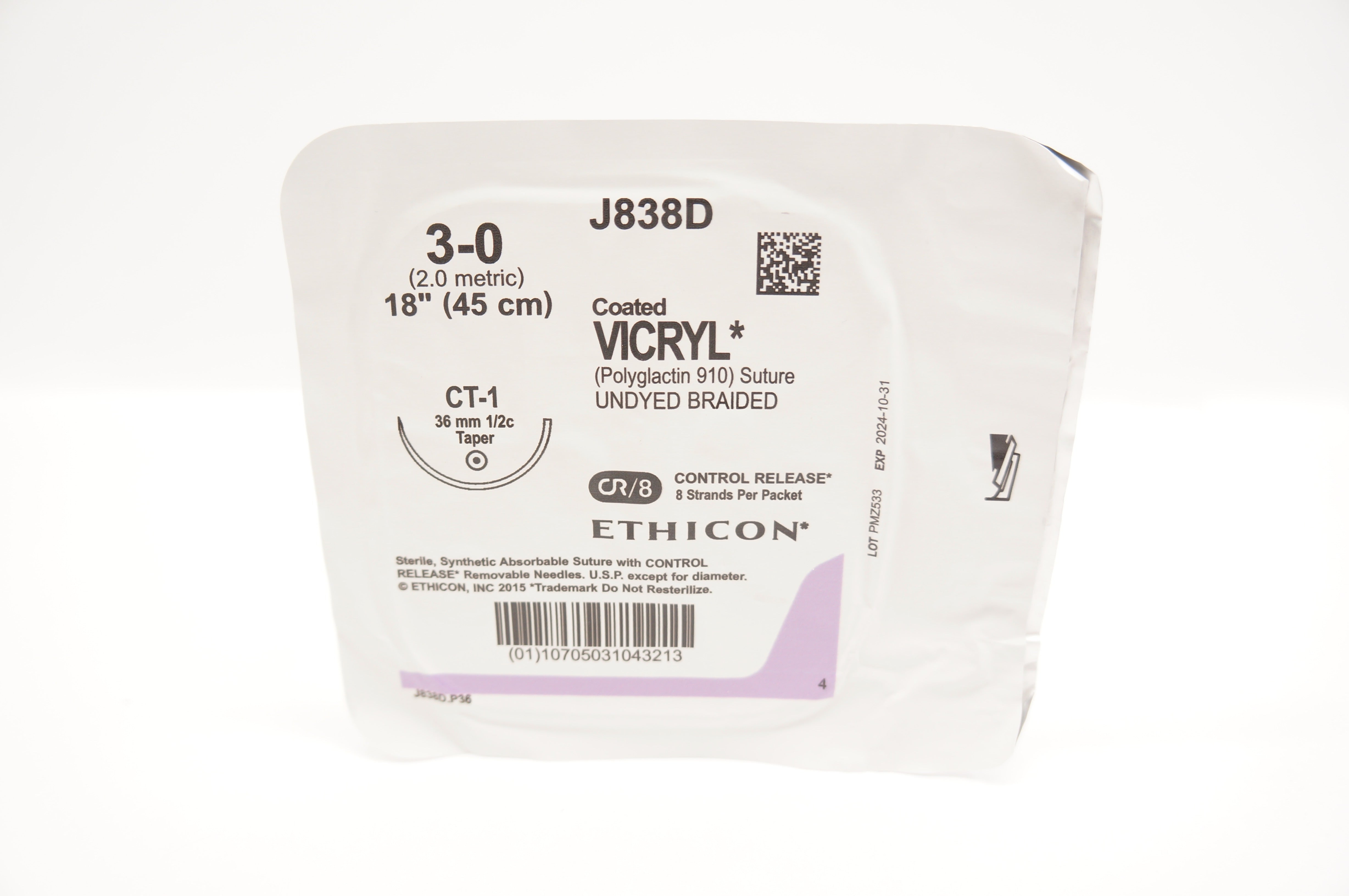 Ethicon J838D 3-0 VICRYL CT-1 36mm 1/2c Taper 18inch