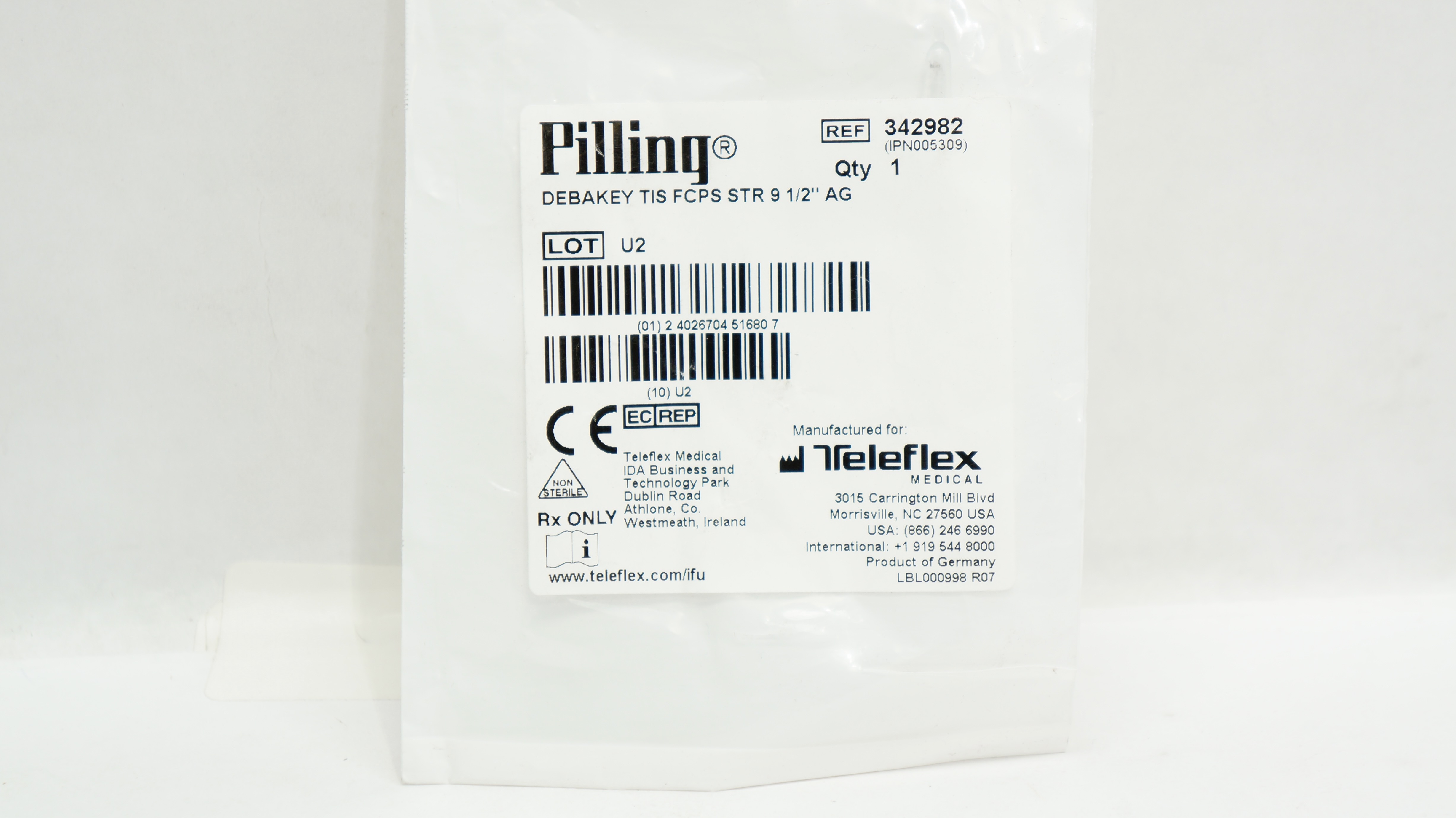 Teleflex 342982 Pilling Debakey TIS Forceps Straight 9-1/2inch