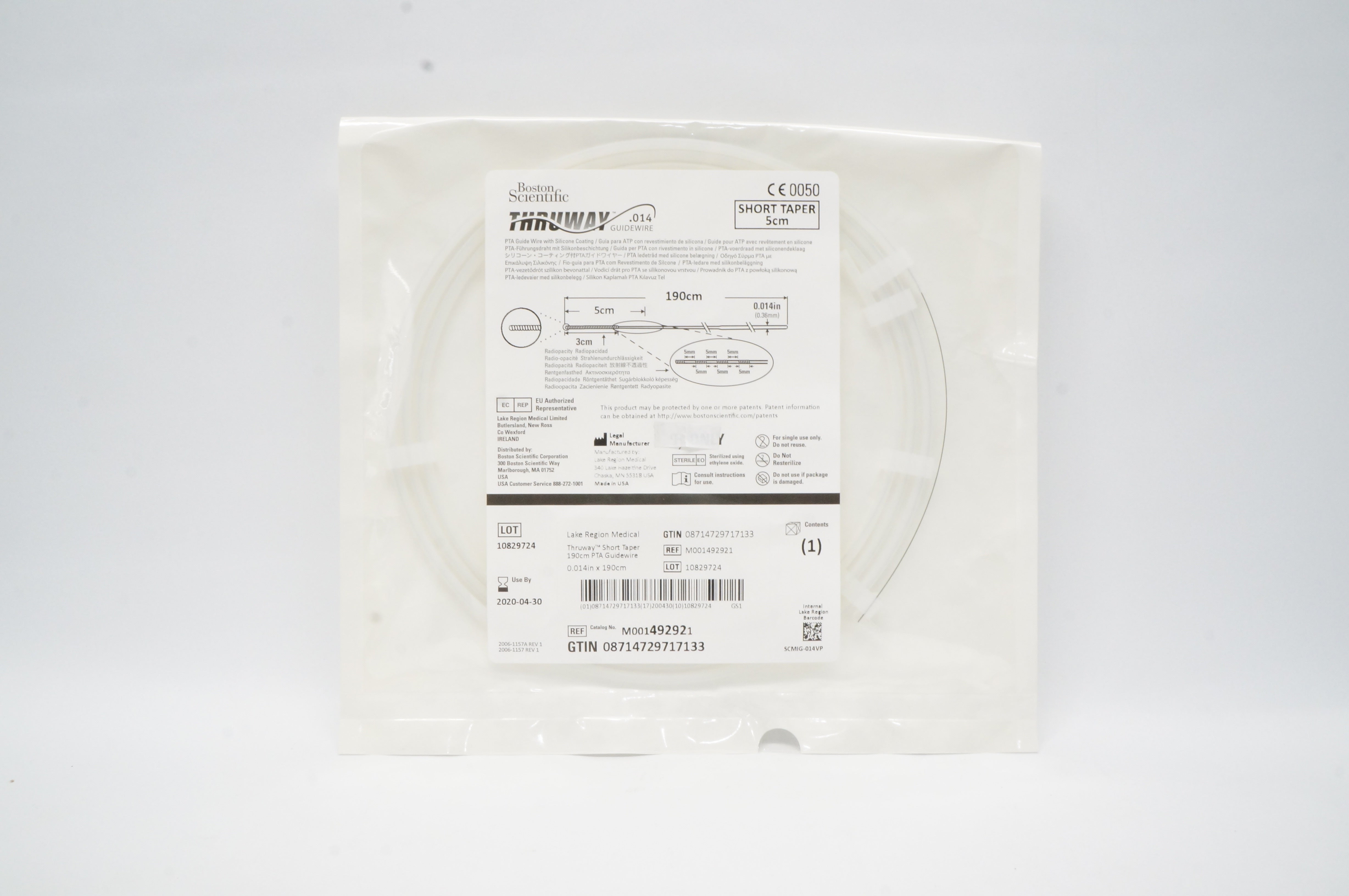 Boston Scientific 49292 Thruway Guidewire Short Taper 5cm, 190cm x 0.014in (x)