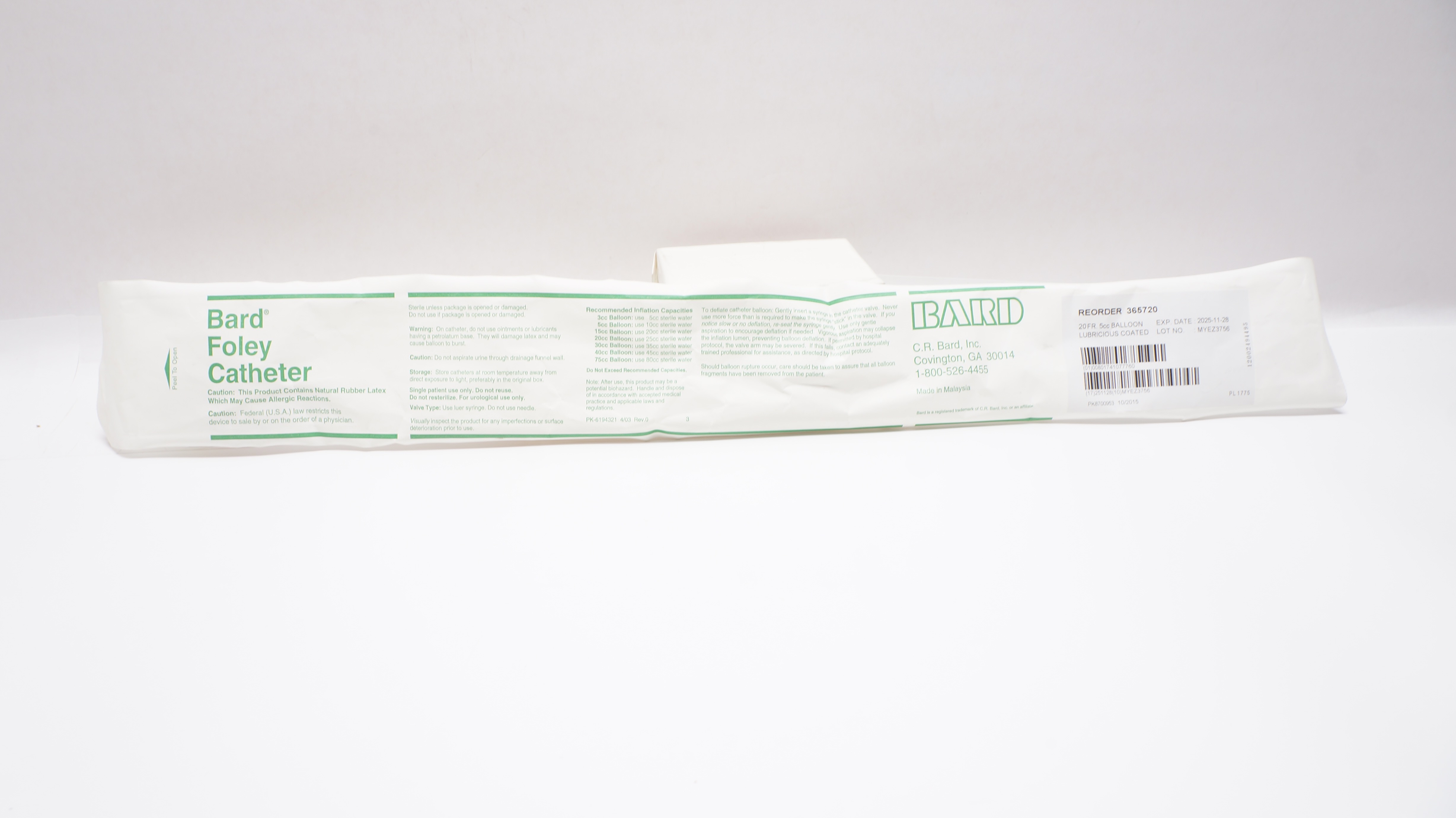 Bard 365720 Foley Cath. 20Fr 5cc Balloon Lubricious Coated