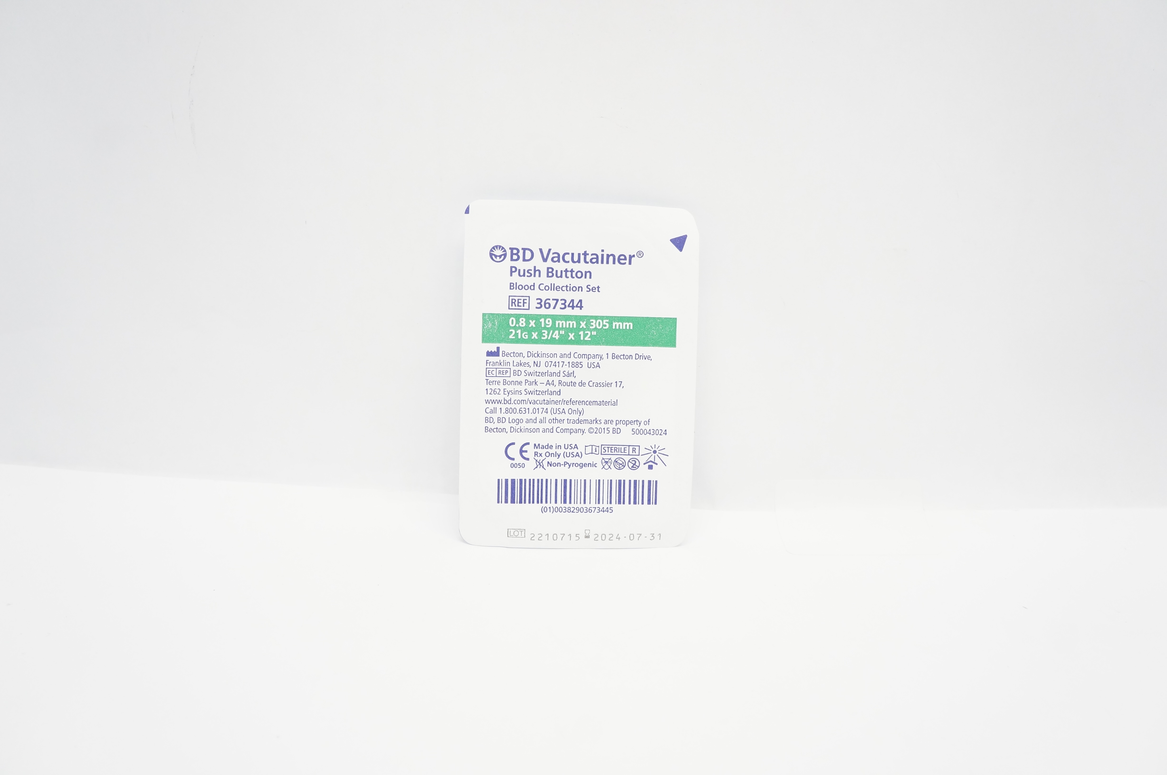 BD 367344 Vacutainer Push Button Blood Collection Set 21G x 3/4inch x 12inch